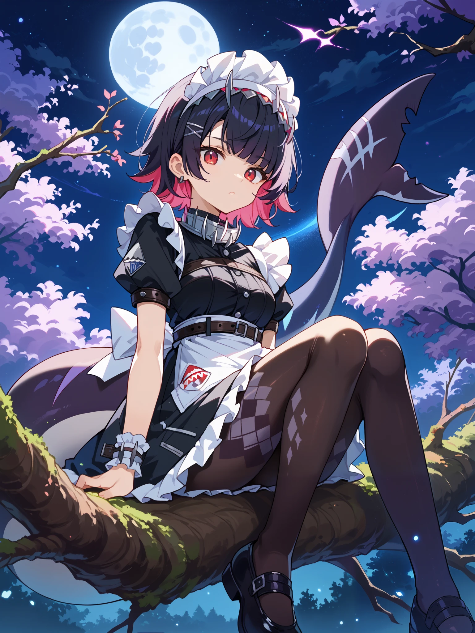 score_9, score_8_up, score_7_up, source_anime,
surreal,
1girl, ellen, red eyes, black hair, short hair, colored inner hair, hairclip, ear piercing, fins, shark tail, maid headdress, hair ornament, black dress, puffy short sleeves, choker, frilled dress, high-waist skirt, black pantyhose, wrists cuffs, apron, belt, black footwear,
night scene,moon in the sky,purple hues,starry night,dreamlike atmosphere,glowing edges,mystical,high contrast,ethereal light,sitting on a tree branch,light particles,
