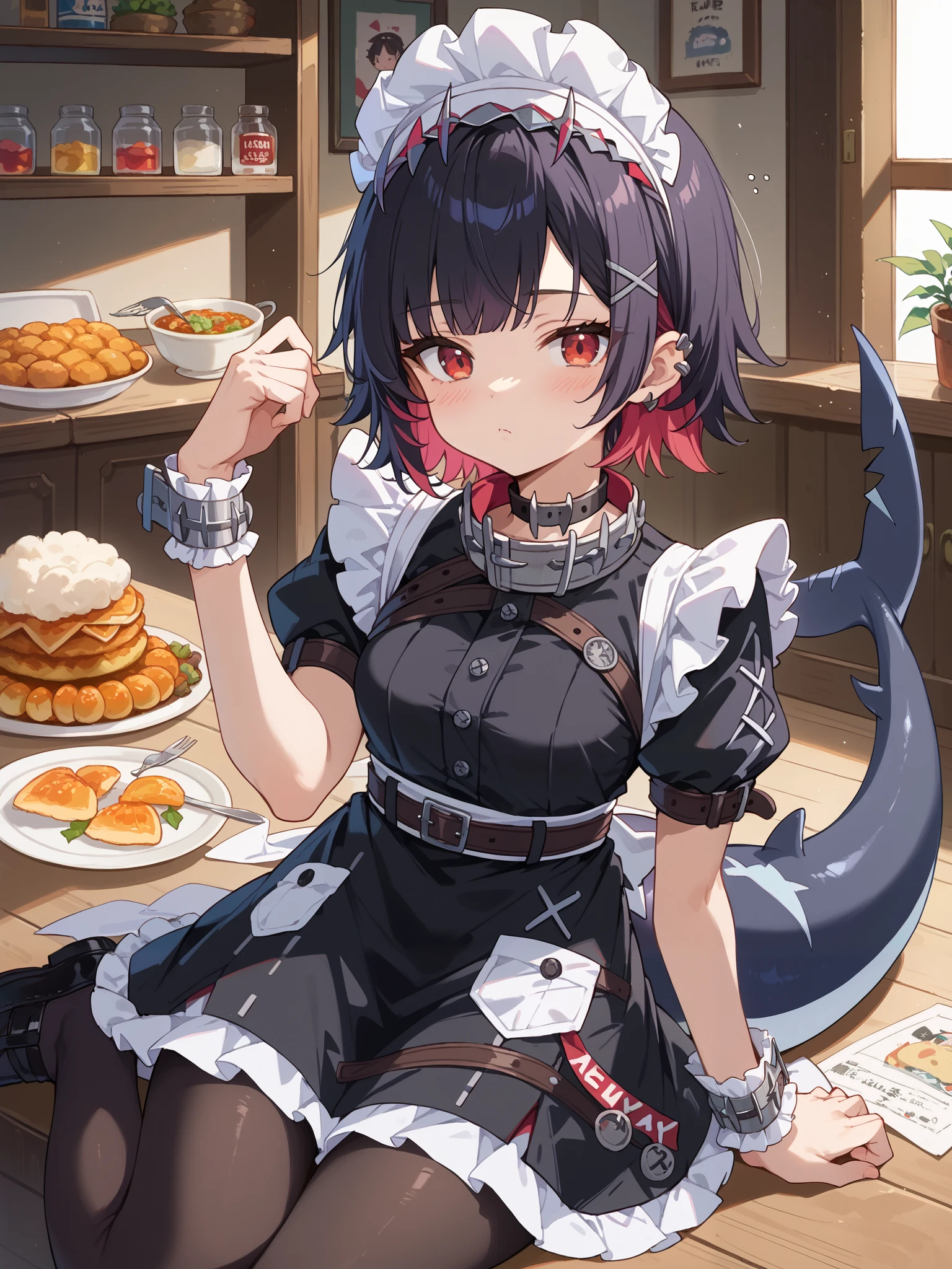score_9, score_8_up, score_7_up, source_anime,
, looking at viewer,sleepy, blush, ellen, red eyes, black hair, short hair, colored inner hair, hairclip, ear piercing, fins, shark tail, maid headdress, hair ornament, black dress, puffy short sleeves, choker, frilled dress, high-waist skirt, black pantyhose, wrists cuffs, apron, belt, black footwear,nsfw
