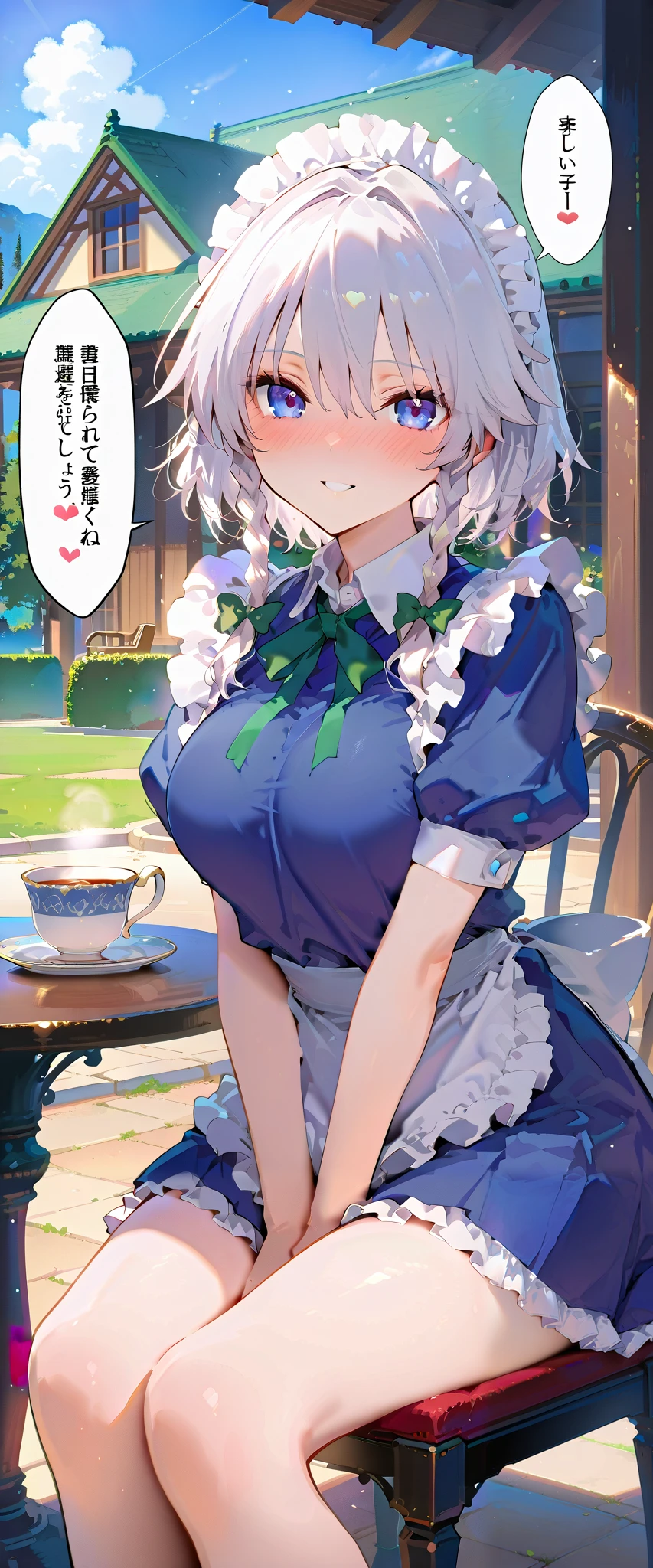 (best quality, masterpiece), (ultra high resolution, 8K RAW photo, photo realistics:1.5, textile shading, thin outline, clear focus:1.2), Beautuful Matured woman preparing tea-time in the garden, standing by the round table, (tea set, tea pot, tea cups, some cakes on dish), classy art deco style table, wearing light_brown maid uniform, breast cleavage, maid costume:1.2, long flare skirts, apron, bow ties on thechest, long tall sally, long legs, long white hair, (wearing thin-flame glasses:1.2), (milf:1.5, 28 years old, solo), (large breast, sagging breast, big tits, narrow waist), (medium short white hair, hair over one eye, (updo hair:1.2), side lock, asymmetric hair, wavy hair), (bright pupils, detailed eyes, high detailed face, Perfect face shape, eye rush), (seductitve smiling, half-closing eyes), (looking at viewers:1.3), (dynamic angle, full body, from above:1.2), ((correct anatomy:1.5, correct hands)), (ideal ratio of body proportions), (outdoor:1.2, grass field),