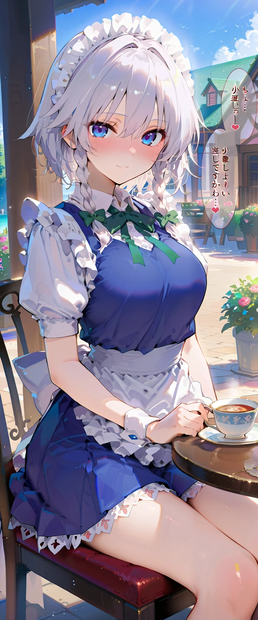 masterpiece, beautiful woman, adult female, cute, score_9, score_8_up , score_7_up , , rating_ general , izayoi sakuya, white hair, short hair, twin braids, maid clothes, Navy blue clothes,White ruffle sleeves,Short sleeve,unexposed breasts, navy blue ruffle skirt, miniskirt ,white ruffle apron, slim, slender body, (outdoor, western style house, In Terrace , chair, table, teacup ), full-face blush、speech bible, (lovely face, embarrassed, full blush, loving you, smile:0.5), ( sit in a chair, テーブルに肘をつく, wear a cheek stick:1.5, looks happy, looking at viewer), lovely hearts:1.4, heart-shaped pup ils, speech bible, throw, source_anime, (side view:1.2)