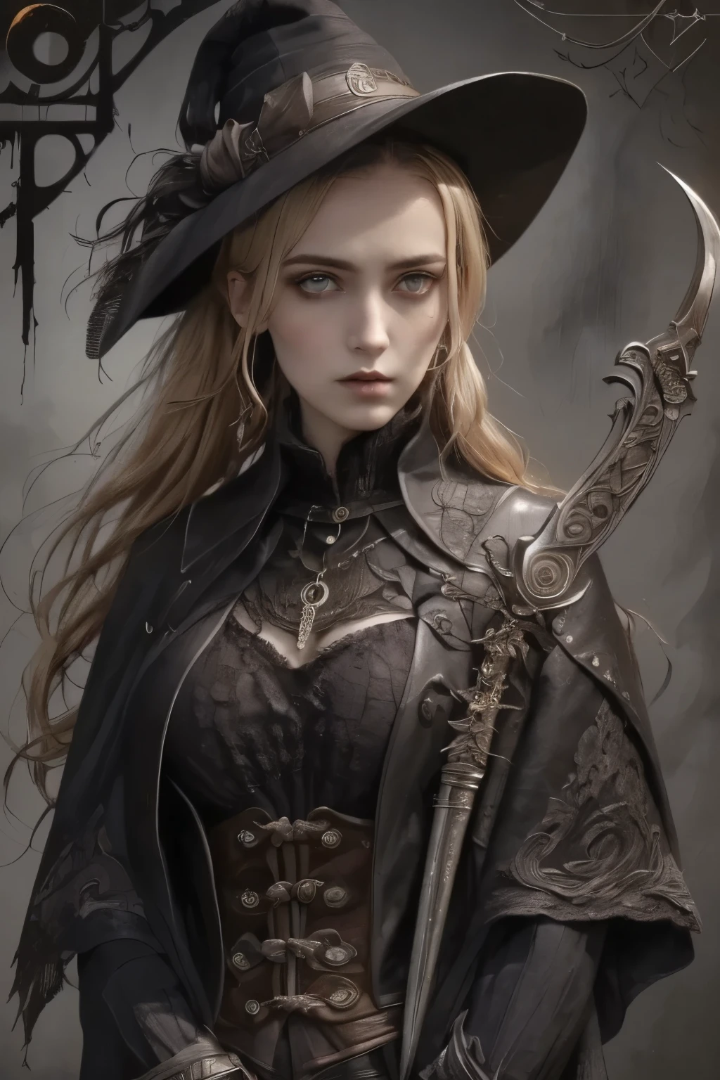 ((best quality)), ((masterpiece)), (detailed), (1girls), a female occultic knight, witch, knight, wielding a magical sword the blade of which seems to flicker in and out of reality, perfect face (((mastepiece, of the highest quality, super detailed))), photorealistic, Dark fantasy art, dark fantasy, ((gothic art)), ((Bloodborne inspired)), (Victorian era inspired), (Brotherhood Of The Wolf inspired), Lady Maria inspired, typical witches hat sharing design features of a hunter's cap, (occultic vibe), (cosmic horror vibe), (occultic military uniform), (military witch), ((intricate and beautiful cloth and leather clothing)) (ritual), (ceremony), (coven), ((smoke heavy in the air)), ((a sense of great conflict and adversity)), ((mature, foreboding atmosphere)), ((a sense of an ongoing apocalypse)), ((end times aesthetic)), ((biblically evocative)), ((dark and gloomy)), ((((Highly detailed face)))), small thin nose, Small thin lips mouth, (((Very sharp focused eyes))), ((perfect symmetrical beautiful eyes)). looking here, (resolved expression), (resolute expression), (sad face), beautiful (((very small breasts))), (((little boobs))), (((tiny breasts))), (((flat chest:0.1))), (((very tiny boobs))), (((very flat chested))), ((blonde)) hair, ((long ponytail, thick ponytail, heavy ponytail)), very long eyelashes, soft lighting
