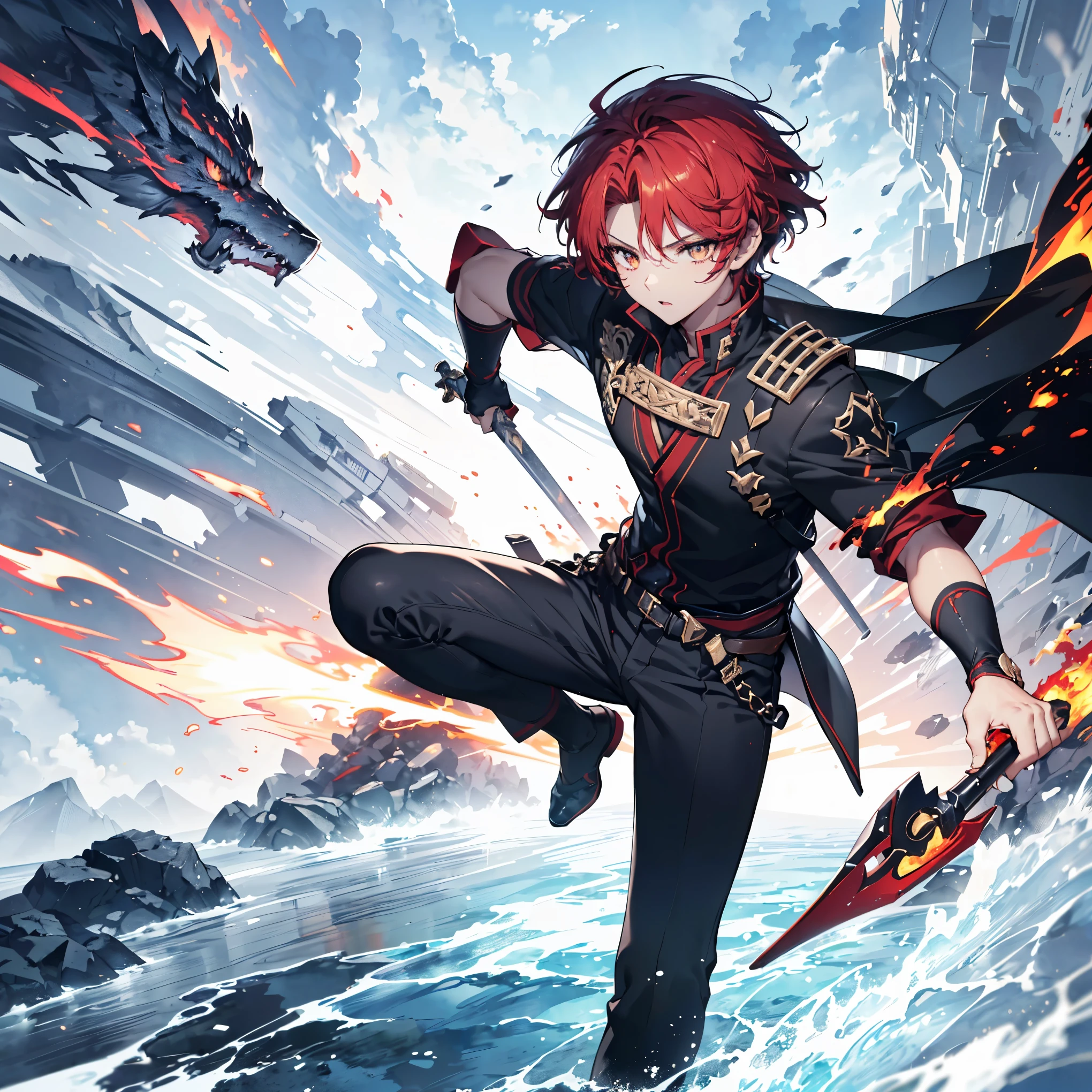 ((male, handsome male, sharp golden eyes, androgynous face, bright red hair)), ((golden eyes, mysterious appearance, muscular, wearing disheveled black shirt, black skinny pants, red dual swords, dual-handed sword stance, precise sword stance, swordsmanship posture)), ((masterpiece)), ((proper hand anatomy:1.4)), ((proper body anatomy:1.4)), ((proper leg anatomy:1.4)), ((best quality, delicate hair, delicate eyes, ultra-detailed,)), sword master, (dynamic pose, battle stance, cloudy sky background, detailed anime style illustration, intense expression, aura of hidden power, flames and sparks, extremely detailed, strong shadows), ash, ice, ink wash painting, ink splashing, color splashing, action lines, motion blur, dramatic lighting, sword reflection