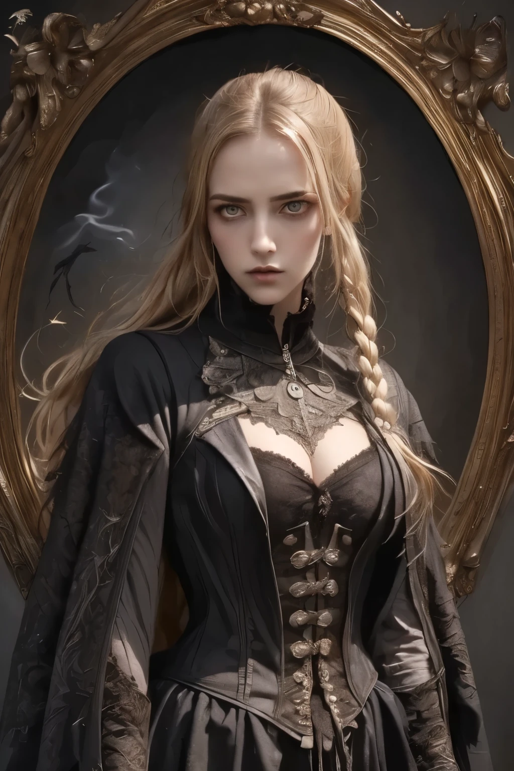 ((best quality)), ((masterpiece)), (detailed), (1girls), a female occultic knight, witch, knight, wielding a rapier-like sword in either hand, perfect face (((mastepiece, of the highest quality, super detailed))), photorealistic, Dark fantasy art, dark fantasy, ((gothic art)), ((Bloodborne inspired)), (Victorian era inspired), (Brotherhood Of The Wolf inspired), Lady Maria inspired, typical witches hat sharing design features of a hunter's cap, (occultic vibe), (cosmic horror vibe), (occultic military uniform), (military witch), ((intricate and beautiful cloth and leather clothing)) (ritual), (ceremony), (coven), ((smoke heavy in the air)), ((a sense of great conflict and adversity)), ((mature, foreboding atmosphere)), ((a sense of an ongoing apocalypse)), ((end times aesthetic)), ((biblically evocative)), ((dark and gloomy)), ((((Highly detailed face)))), small thin nose, Small thin lips mouth, (((Very sharp focused eyes))), ((perfect symmetrical beautiful eyes)). looking here, (resolved expression), (resolute expression), (sad face), beautiful (((very small breasts))), (((little boobs))), (((tiny breasts))), (((flat chest:0.1))), (((very tiny boobs))), (((very flat chested))), ((blonde)) hair, ((long ponytail, thick ponytail, heavy ponytail)), very long eyelashes, soft lighting