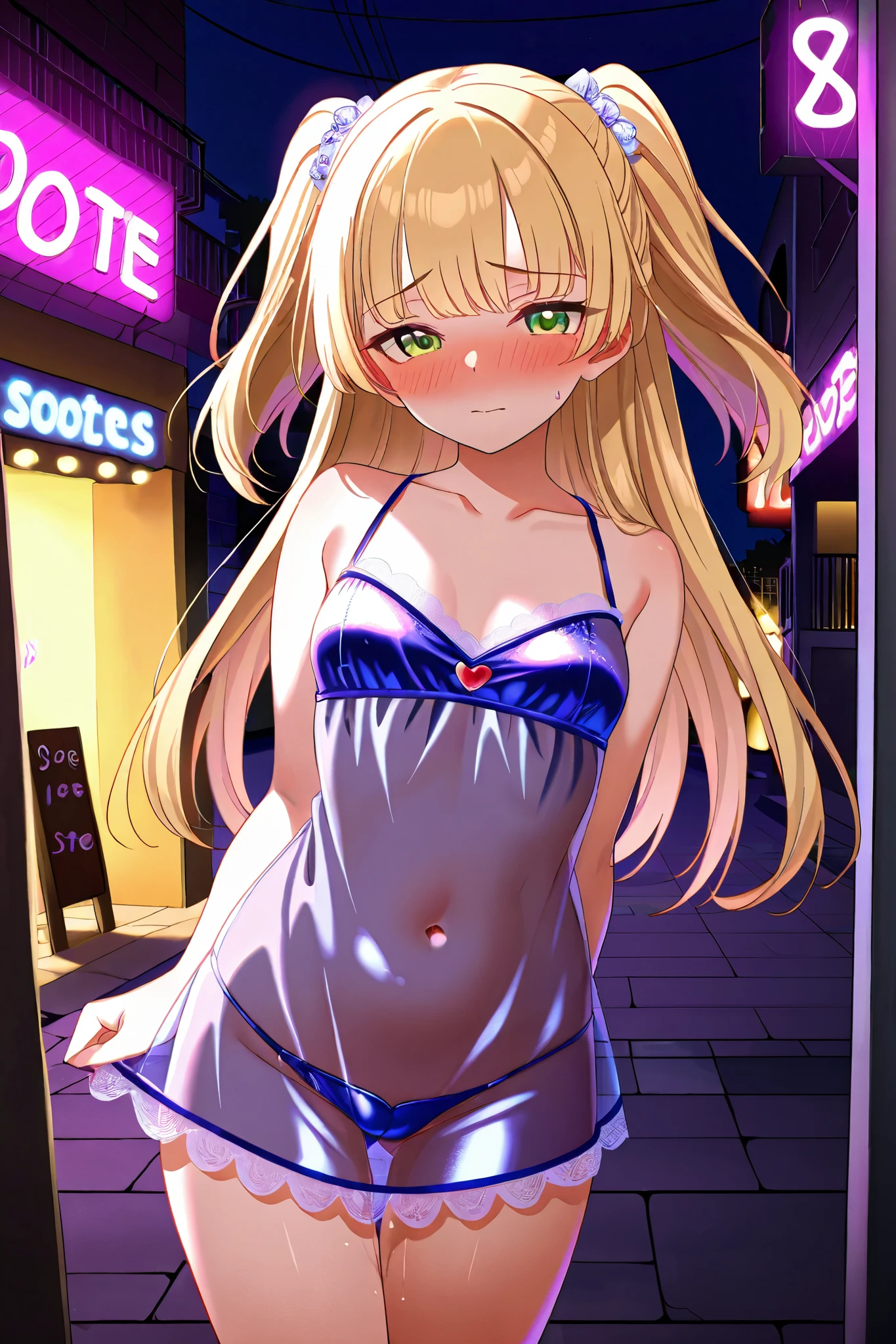 NSFW,masterpiece, best quality, high resolution, very detailed,Rika Jogasaki、Petite、 long hair、 blonde hair、 two side up、bangs、 hair ornament、 green eyes、 small breasts,(Prostitute:1.5),Naughty Dress, see-through dress ,Belly button,Nightlife, The Shady City ,Embarrassed,blush