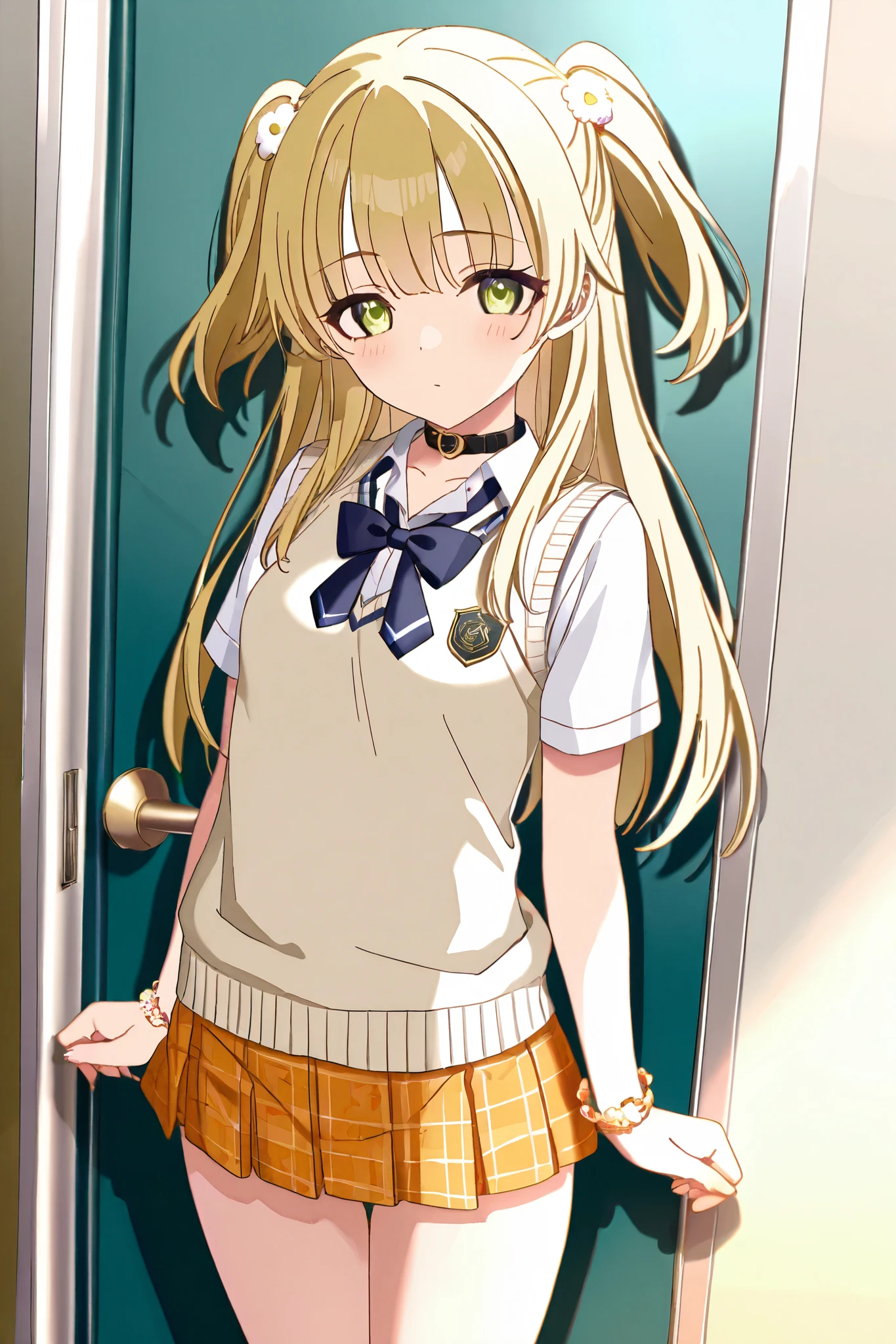 NSFW,masterpiece, best quality, high resolution, very detailed,Rika Jogasaki、Petite、 long hair、 blonde hair、 two side up、bangs、 hair ornament、 green eyes、 small breasts, hair tie 、uniform、clavicle、neck ribbon、 collar shirt、 sweater vest、Short sleeve、 bracelet、 plaid skirt、 Orange Skirt , panties