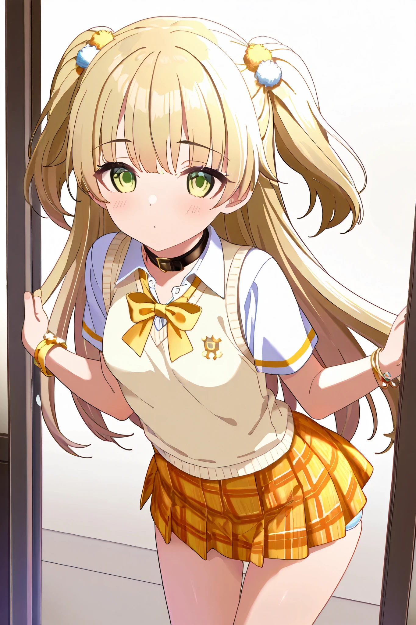 NSFW,masterpiece, best quality, high resolution, very detailed,Rika Jogasaki、Petite、 long hair、 blonde hair、 two side up、bangs、 hair ornament、 green eyes、 small breasts, hair tie 、uniform、clavicle、neck ribbon、 collar shirt、 sweater vest、Short sleeve、 bracelet、 plaid skirt、 Orange Skirt , panties