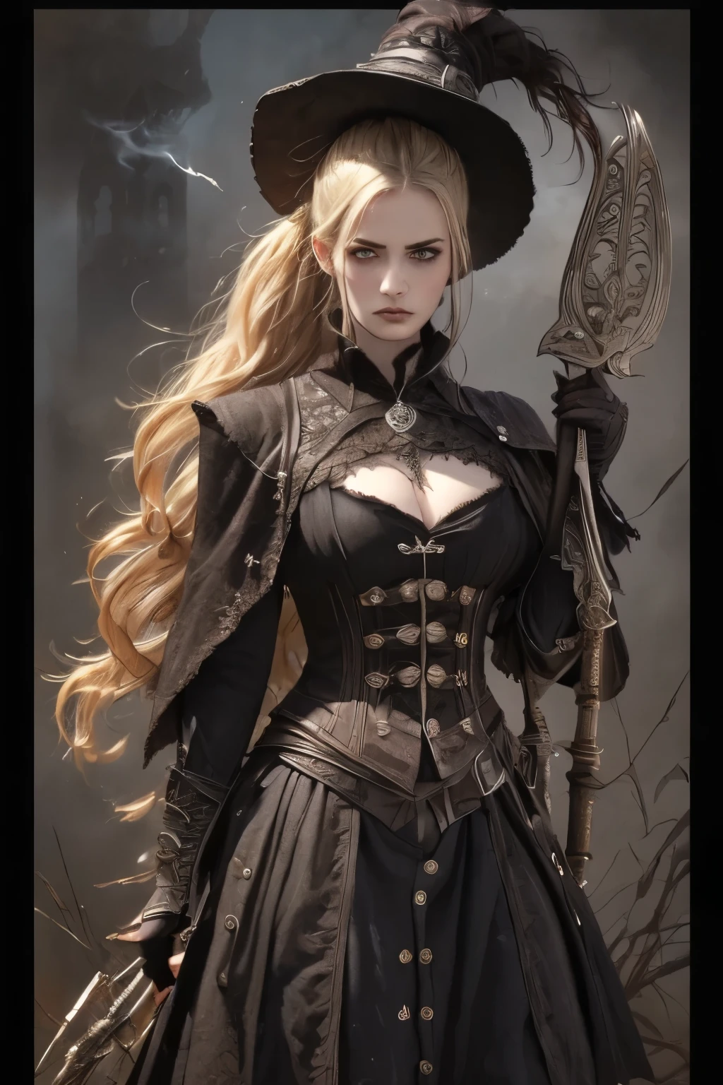 ((best quality)), ((masterpiece)), (detailed), (1girls), a female occultic knight, witch, knight, wielding a rapier-like sword in either hand, perfect face (((mastepiece, of the highest quality, super detailed))), photorealistic, Dark fantasy art, dark fantasy, ((gothic art)), ((Bloodborne inspired)), (Victorian era inspired), (Brotherhood Of The Wolf inspired), Lady Maria inspired, typical witches hat sharing design features of a hunter's cap, (occultic vibe), (cosmic horror vibe), (occultic military uniform), (military witch), ((intricate and beautiful cloth and leather clothing)) (ritual), (ceremony), (coven), ((smoke heavy in the air)), ((a sense of great conflict and adversity)), ((mature, foreboding atmosphere)), ((a sense of an ongoing apocalypse)), ((end times aesthetic)), ((biblically evocative)), ((dark and gloomy)), ((((Highly detailed face)))), small thin nose, Small thin lips mouth, (((Very sharp focused eyes))), ((perfect symmetrical beautiful eyes)). looking here, (resolved expression), (resolute expression), (sad face), beautiful (((very small breasts))), (((little boobs))), (((tiny breasts))), (((flat chest:0.1))), (((very tiny boobs))), (((very flat chested))), ((blonde)) hair, ((long ponytail, thick ponytail, heavy ponytail)), very long eyelashes, soft lighting