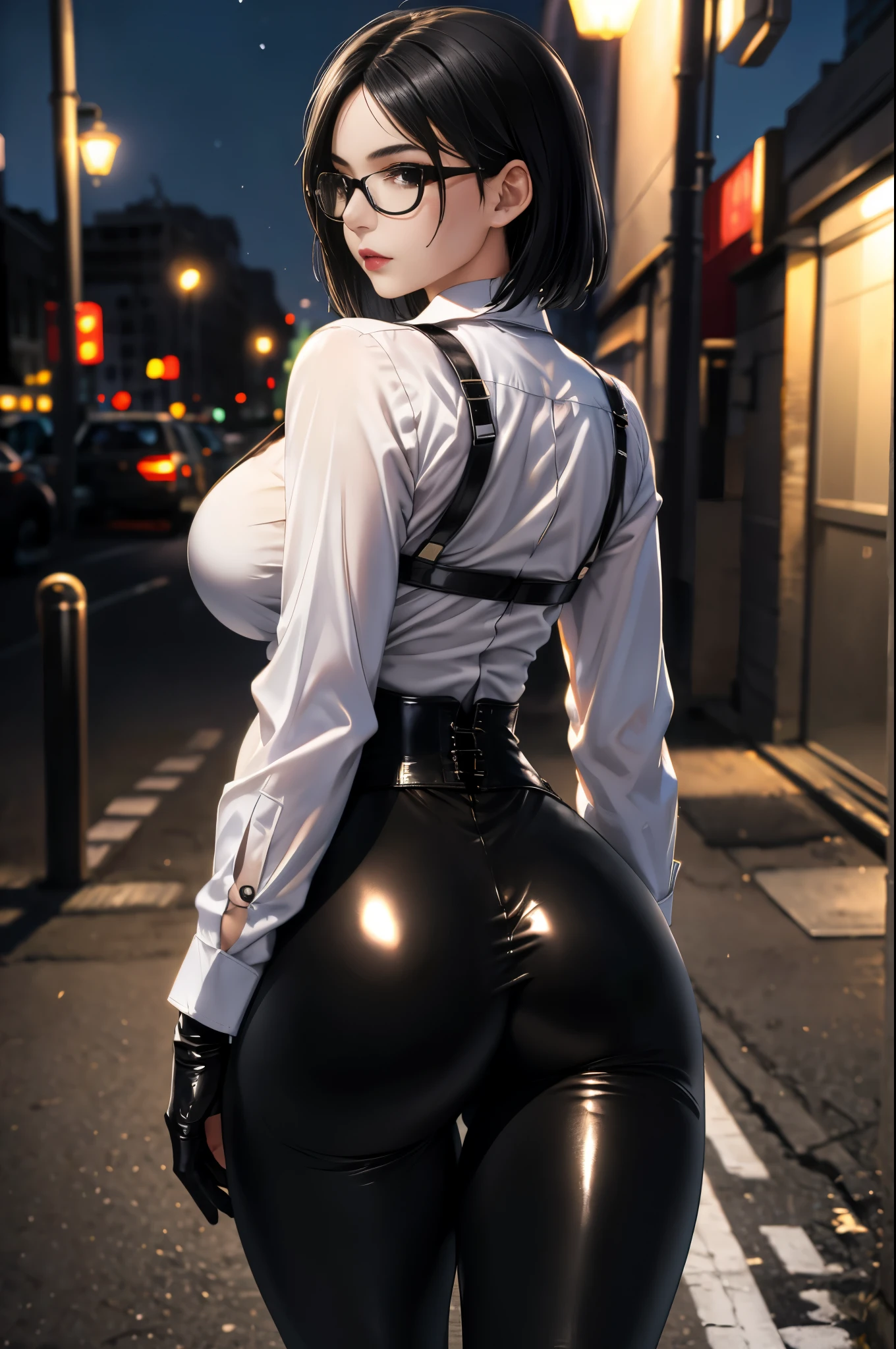 body masterpiece, best quality skirt, HDR-10, volumetric lighting , ( perfect hands), There is a person, standing, ( seen from behind), perfect ass, looking at the spectator , seductive look, beautiful breasts, Detailed eyes, black eyes, sensual lips, wild short black hair , glasses, ((white long sleeve buttoned shirt)), (black straps), (black leather corset), ( shiny black leggings), black gloves , ((thigh harness)), street, city, at night