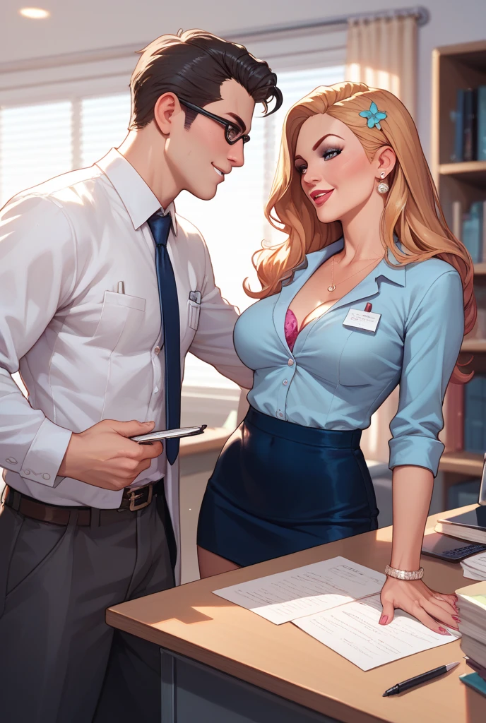 There is a woman in a red skirt and a man in a blue suit and tie, (masterpiece, best quality), 8k, portrait of secretary Sophie turner , classy dark blue shirt top, medium saggy breasts, long hair, ((naked pussy)), (((lace))) (((assaulted by men:1.2))), ((lifted skirt)), ((she is beaten:1.2)), ((hit action movement effect)), (((aggressive men))), (((totally wasted))), (((surrounded))), (((head thrusted))), ((hair pulled)), ((pussy view)), (((chubby hips))), (((brutal))), ((in office))