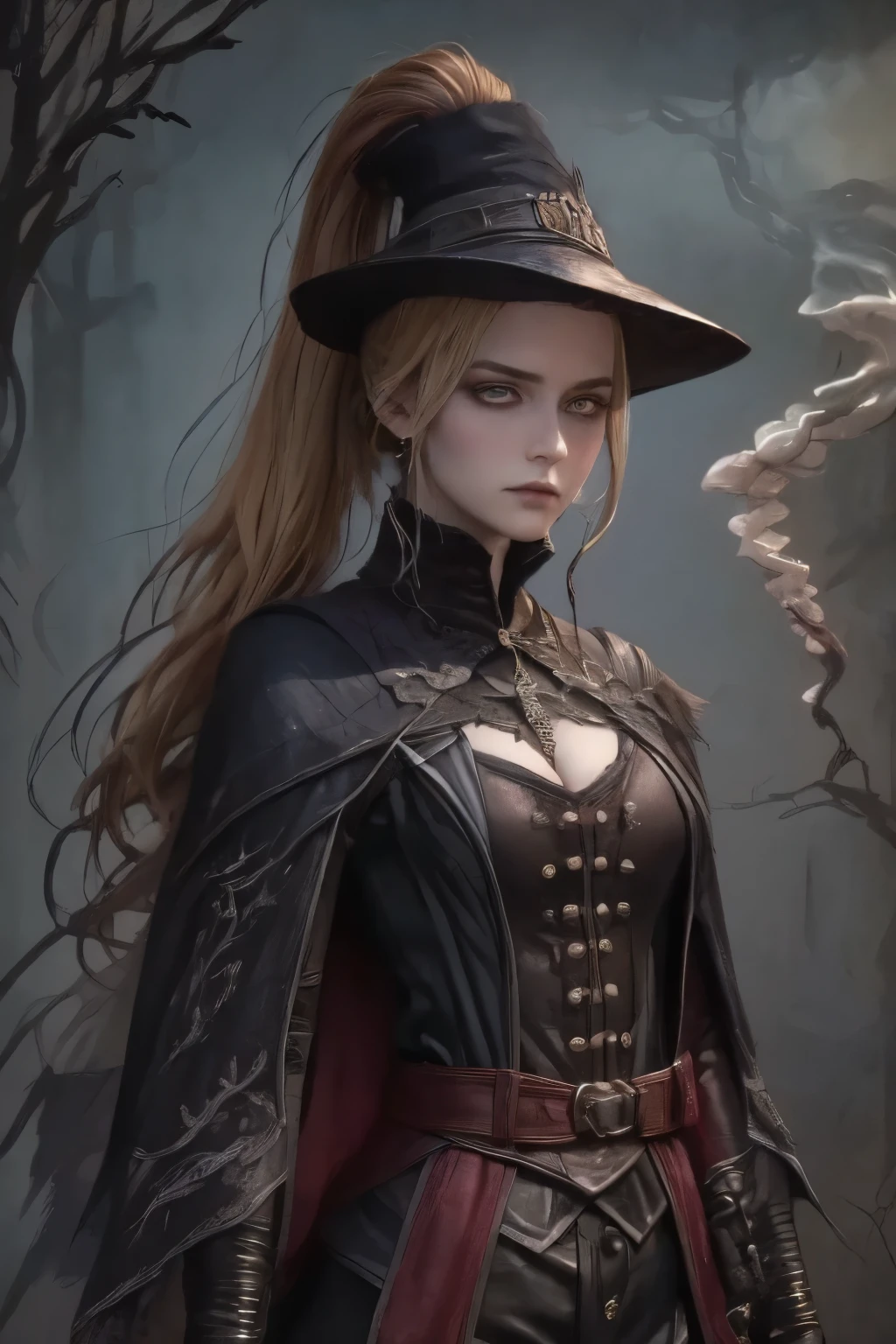 ((best quality)), ((masterpiece)), (detailed), (1girls), a female occultic knight, witch, knight, wielding a rapier-like sword in either hand, perfect face (((mastepiece, of the highest quality, super detailed))), photorealistic, Dark fantasy art, dark fantasy, ((gothic art)), ((Bloodborne inspired)), (Victorian era inspired), (Brotherhood Of The Wolf inspired), Lady Maria inspired, typical witches hat sharing design features of a hunter's cap, (leather trousers with buckles and belts), (occultic vibe), (cosmic horror vibe), (occultic military uniform), (military witch), ((intricate and beautiful cloth and leather clothing)) (ritual), (ceremony), (coven), ((smoke heavy in the air)), ((a sense of great conflict and adversity)), ((mature, foreboding atmosphere)), ((a sense of an ongoing apocalypse)), ((end times aesthetic)), ((biblically evocative)), ((dark and gloomy)), ((((Highly detailed face)))), small thin nose, Small thin lips mouth, (((Very sharp focused eyes))), ((perfect symmetrical beautiful eyes)). looking here, (resolved expression), (resolute expression), (sad face), beautiful (((very small breasts))), (((little boobs))), (((tiny breasts))), (((flat chest:0.1))), (((very tiny boobs))), (((very flat chested))), ((blonde)) hair, ((long ponytail, thick ponytail, heavy ponytail)), very long eyelashes, soft lighting
