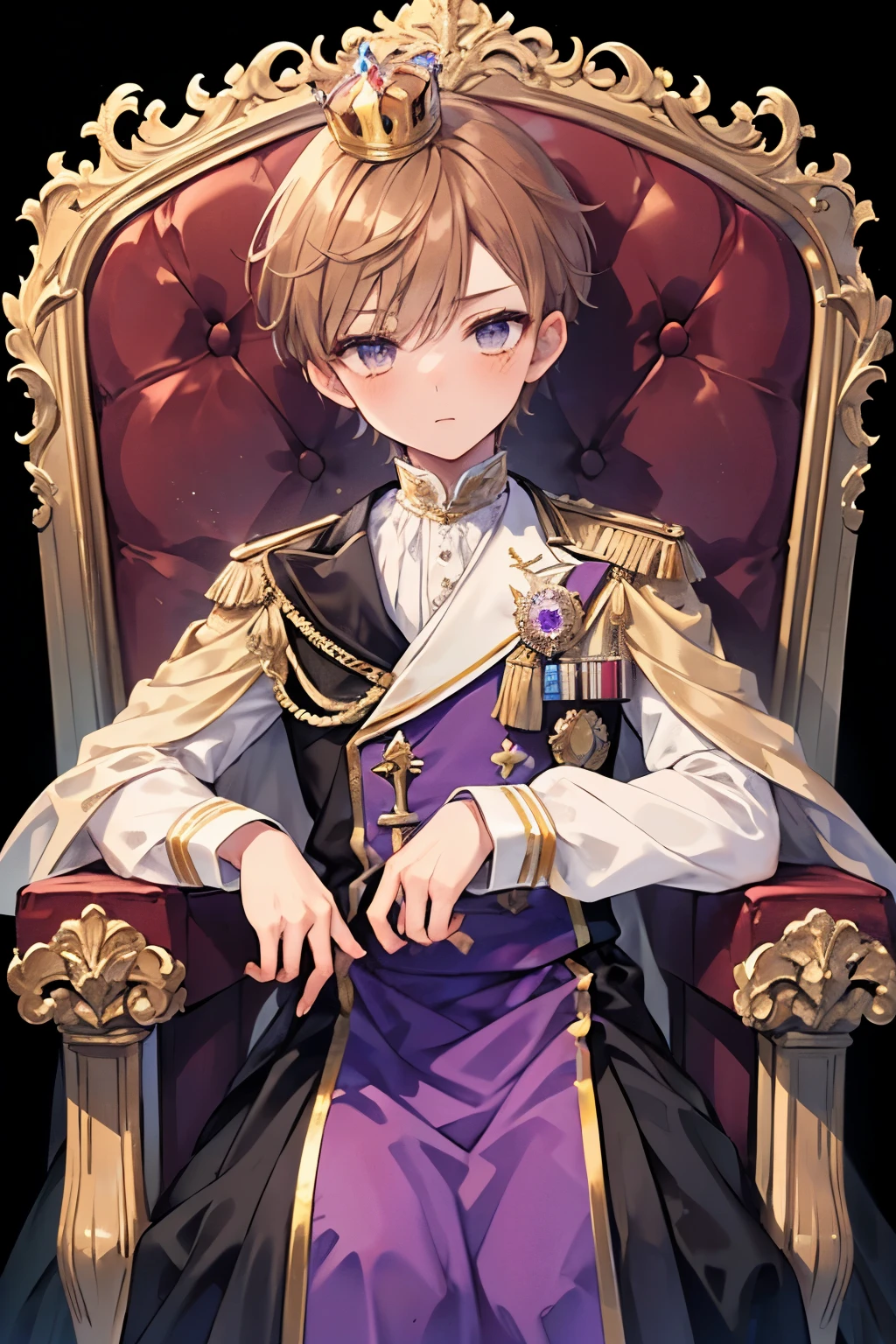 ((1-boy :1.5)),((gay:0.8)), antique haute couture furniture,Resplendent royal and aristocrat costumes , bossy attitude ,((Sit on the throne and stand on one elbow)),Amber Hair,Amethyst Eyes,crown,(upper body:1.0),(close up face:0.8)