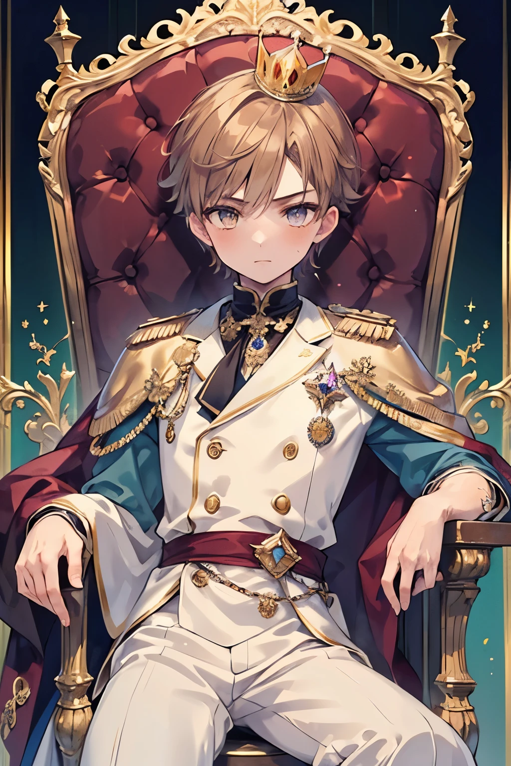 ((1-boy :1.5)),((gay:0.8)), antique haute couture furniture,Resplendent royal and aristocrat costumes , bossy attitude ,((Sit on the throne and stand on one elbow)),Amber Hair,Amethyst Eyes,crown,(upper body:1.0),(close up face:0.8)