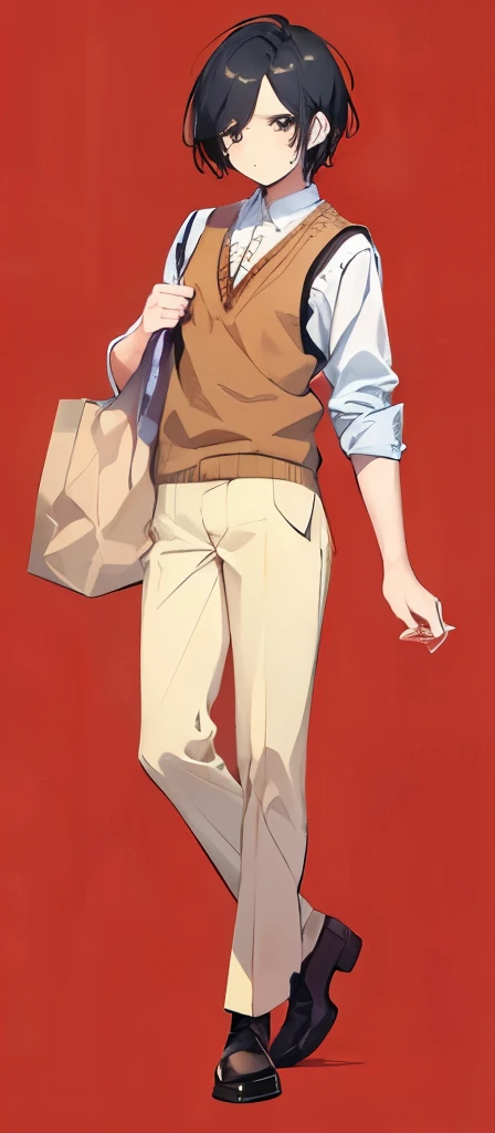 {best quality}, {{masterpiece}}, {highres}, illustration, solo, sharp focus, {{total body}}, full body, {{standing}}, {{toe}}, man, 1guy, 20 years old, black hair, black eyes, simple background, {{wearing brown sweater vest}}, brown shoes, {{holding a bag}}, slanted eyes, short hair, {asymmetry bangs}, {swept bangs}, looking at viewer, simple background, anime style