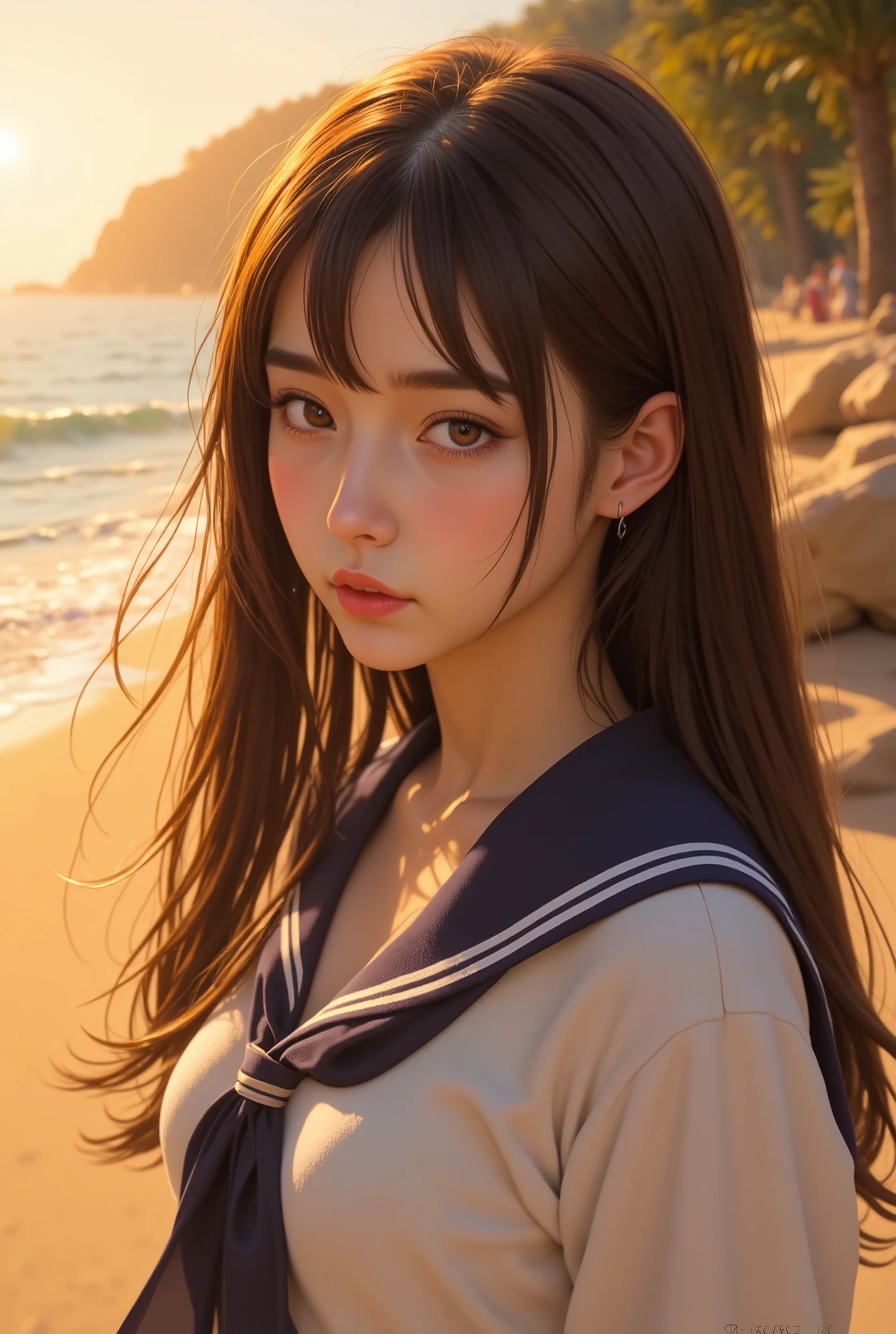 (Masterpiece:1.2), best quality, high resolution, Unity 8K Wallpaper, (super real illustration:1.0), Beautiful Details, very detailed on trends, perfect lighting, idol, long hair, straight hair, Round face Bust Up, sailor suit, Golden sand beach at sunset 