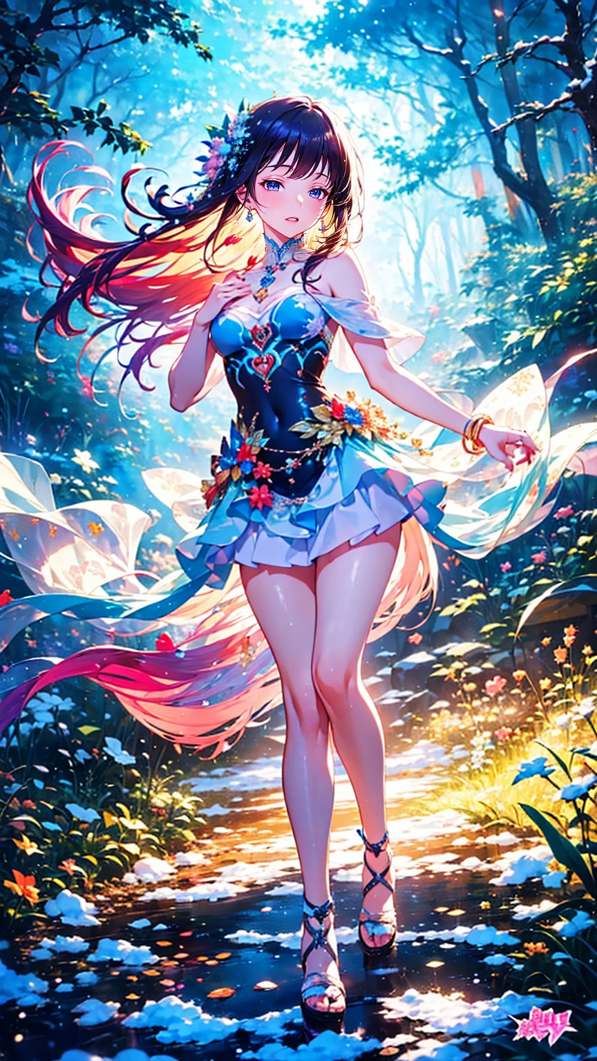 (Realistic painting style:1.1), masterpiece, best quality, absurdres, nilou (neither flower nor mist) (genshin impact), aqua eyes, nilou (genshin impact), fake horns, 1girl, solo, red hair, veil, smile, moon, long hair, crop top, jewelry, horns, night, bracer, brooch, long sleeves, puffy long sleeves, looking at viewer, skirt, bangs, twintails, water, puffy sleeves, sky, neck ring, open mouth, :d, full moon, night sky, flower, harem outfit, gold trim, parted bangs, arm up, breasts, circlet, outdoors, blue skirt, hair ornament, detached sleeves, low twintails, floating hair, gem, hair flower, blue gemstone, hand up, dancer, white headwear, small breasts, stomach, midriff, cowboy shot, blue bow, very long hair