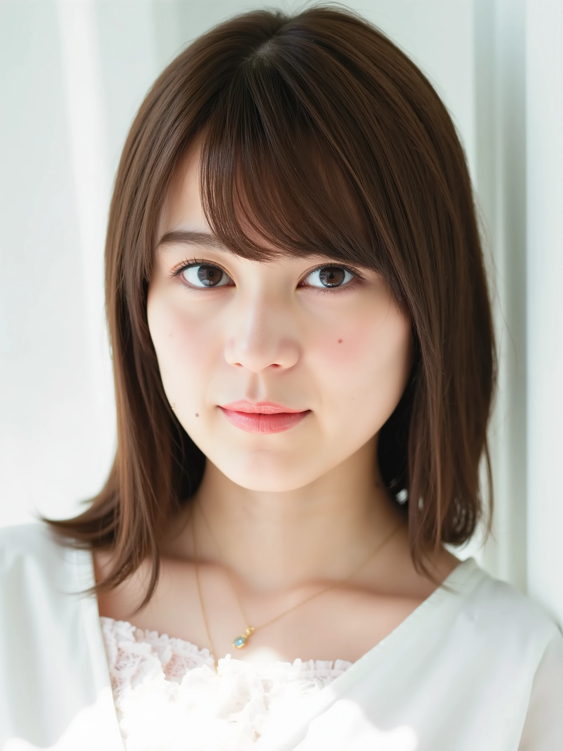 Ikuta _Erica, The image is a close-up portrait of a young Asian woman . Snow-like skin. She has brown shoulder-length hair and bangs 、 wears a white blouse and gold necklace . She looks straight into the camera with a serious expression . The background is blurry, but , but、 it looks like a window with white drapes . The lighting is soft and natural , It emphasizes female characteristics . The overall vibe of the image is calm and quiet . the whole image is bright and soft .