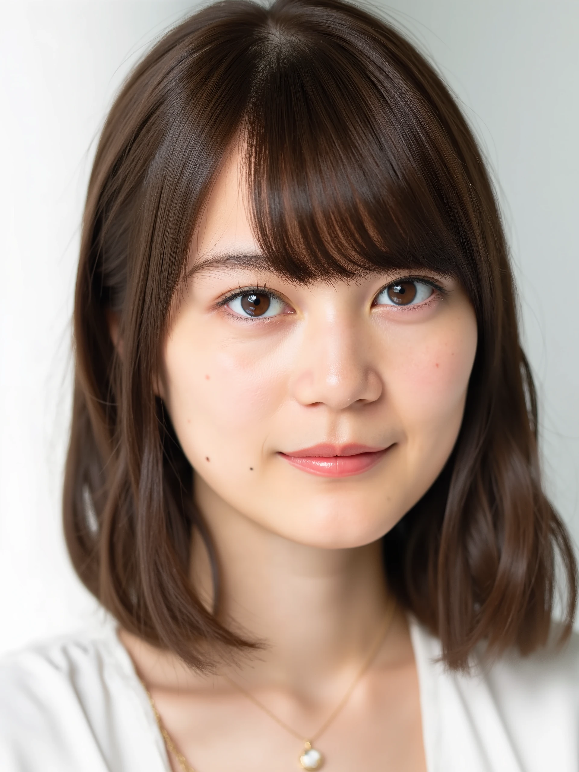Ikuta _Erica,   The image is a close-up portrait of a young Asian woman . Snow-like skin. She has brown shoulder-length hair and bangs 、 wears a white blouse and gold necklace .  She looks straight into the camera with a serious expression .  The background is blurry, but  , but、 it looks like a window with white drapes .  The lighting is soft and natural , It emphasizes female characteristics .  The overall vibe of the image is calm and quiet .  the whole image is bright and soft . 