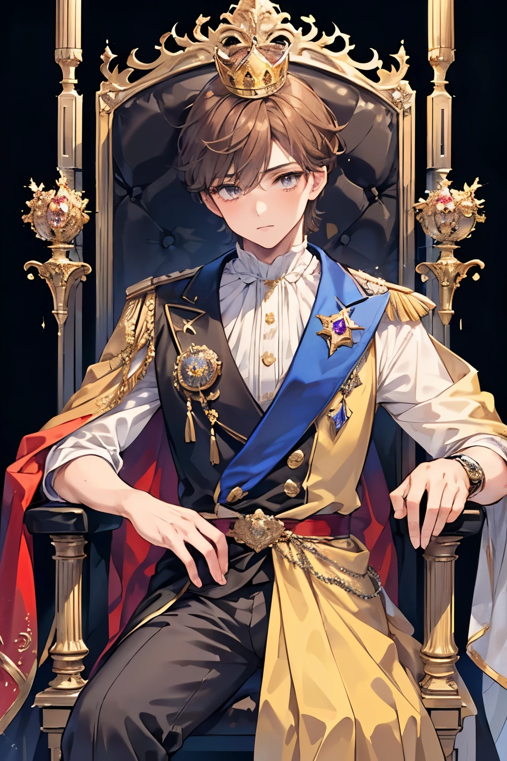 ((1-boy :1.5)),((gay:0.8)),(( adult male:1.5)), antique haute couture furniture,Resplendent royal and aristocrat costumes , bossy attitude ,((Sit on the throne and stand on one elbow)),Amber Hair,Amethyst Eyes,crown,(upper body:1.0),(close up face:0.8)