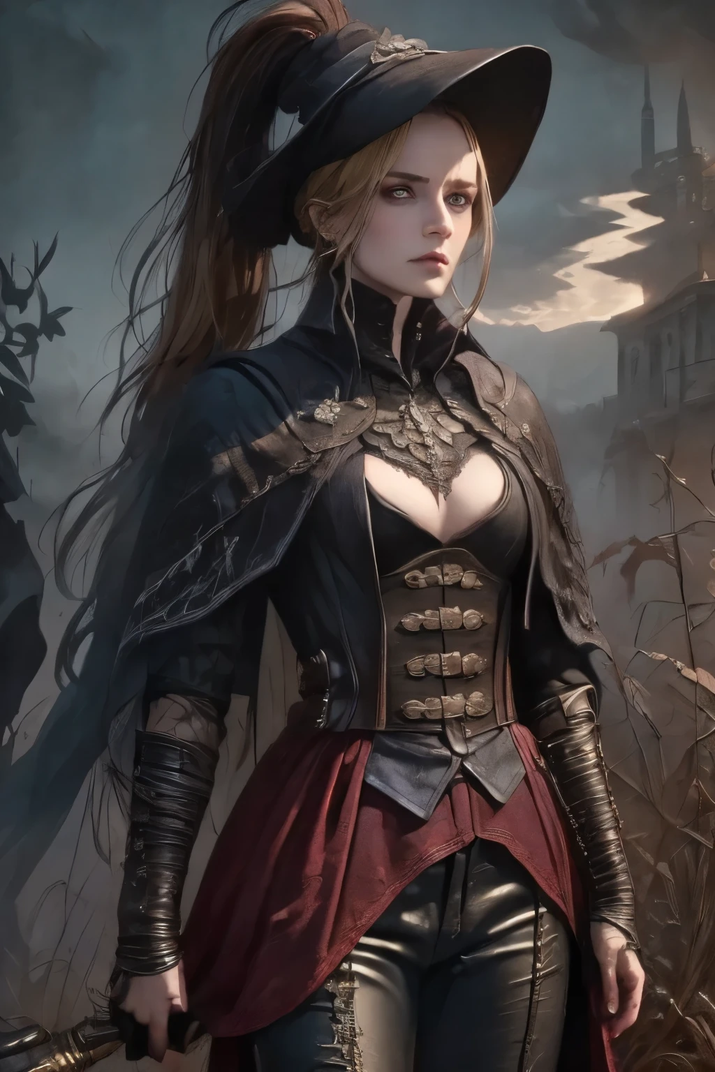 ((best quality)), ((masterpiece)), (detailed), (1girls), a female occultic knight, witch, knight, wielding a rapier-like sword in either hand, perfect face (((mastepiece, of the highest quality, super detailed))), photorealistic, Dark fantasy art, dark fantasy, ((gothic art)), ((Bloodborne inspired)), (Victorian era inspired), (Brotherhood Of The Wolf inspired), Lady Maria inspired, typical witches hat sharing design features of a hunter's cap, (leather trousers with buckles and belts), (occultic vibe), (cosmic horror vibe), (occultic military uniform), (military witch), ((intricate and beautiful cloth and leather clothing)) (ritual), (ceremony), (coven), ((smoke heavy in the air)), ((a sense of great conflict and adversity)), ((mature, foreboding atmosphere)), ((a sense of an ongoing apocalypse)), ((end times aesthetic)), ((biblically evocative)), ((dark and gloomy)), ((((Highly detailed face)))), small thin nose, Small thin lips mouth, (((Very sharp focused eyes))), ((perfect symmetrical beautiful eyes)). looking here, (resolved expression), (resolute expression), (sad face), beautiful (((very small breasts))), (((little boobs))), (((tiny breasts))), (((flat chest:0.1))), (((very tiny boobs))), (((very flat chested))), ((blonde)) hair, ((long ponytail, thick ponytail, heavy ponytail)), very long eyelashes, soft lighting