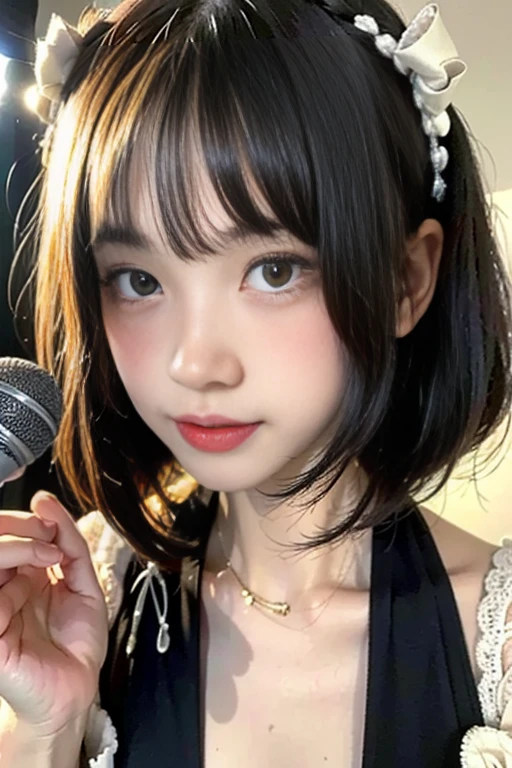 (masterpiece,best quality:1.4),(absurdres:1.3),((8k)),((super resolution:1.4)),(raw photo,photo realistic:1.2),(shiny skin),extremely detailed skin,detailed face,detailed eyes,sparkling eyes,Detailed hand,Detailed Hair,Detailed Background,Symmetrical eyes,Beautiful costume coloring,((AKB stage flutter costumes)),,(detail stage costumes,Rakuten market, TEMU,online shopping, design),((Detailed holding microphone,Tokyo Dome, Yokohama Arena Concert,stage)),No cleavage,,young,1 girl,cowboy shot,Japanese idol,extremely beautiful face,brown hair,Hair ornament, fair-skinned ,random hairstyle, pretty girl singing,Professional,nsfw,,crouch,Front view from below:1.3,,show lace Panties ,squat