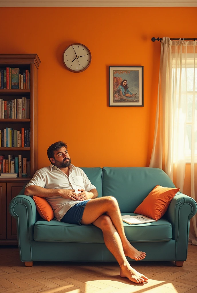 A young Indian man with beard lies back side
a worn-out red sofa in a dimly lit room. His right arm is stretched over a cluttered coffee table filled with remnants of a late-night session—books, vinyl records, empty plates, and scattered notes. The scene is chaotic yet intimate, capturing a moment of exhaustion and introspection. The dim light filters through the room, casting soft shadows that blend with the mess, creating a feeling of solitude. The man, dressed in a simple white tank top and dark pants, appears lost in a deep sleep or perhaps deep in thought, disconnected from the world around him. The overhead view gives a sense of distance, as if observing from above, adding to the overall mood of quiet contemplation." Written in (background) lazy boy