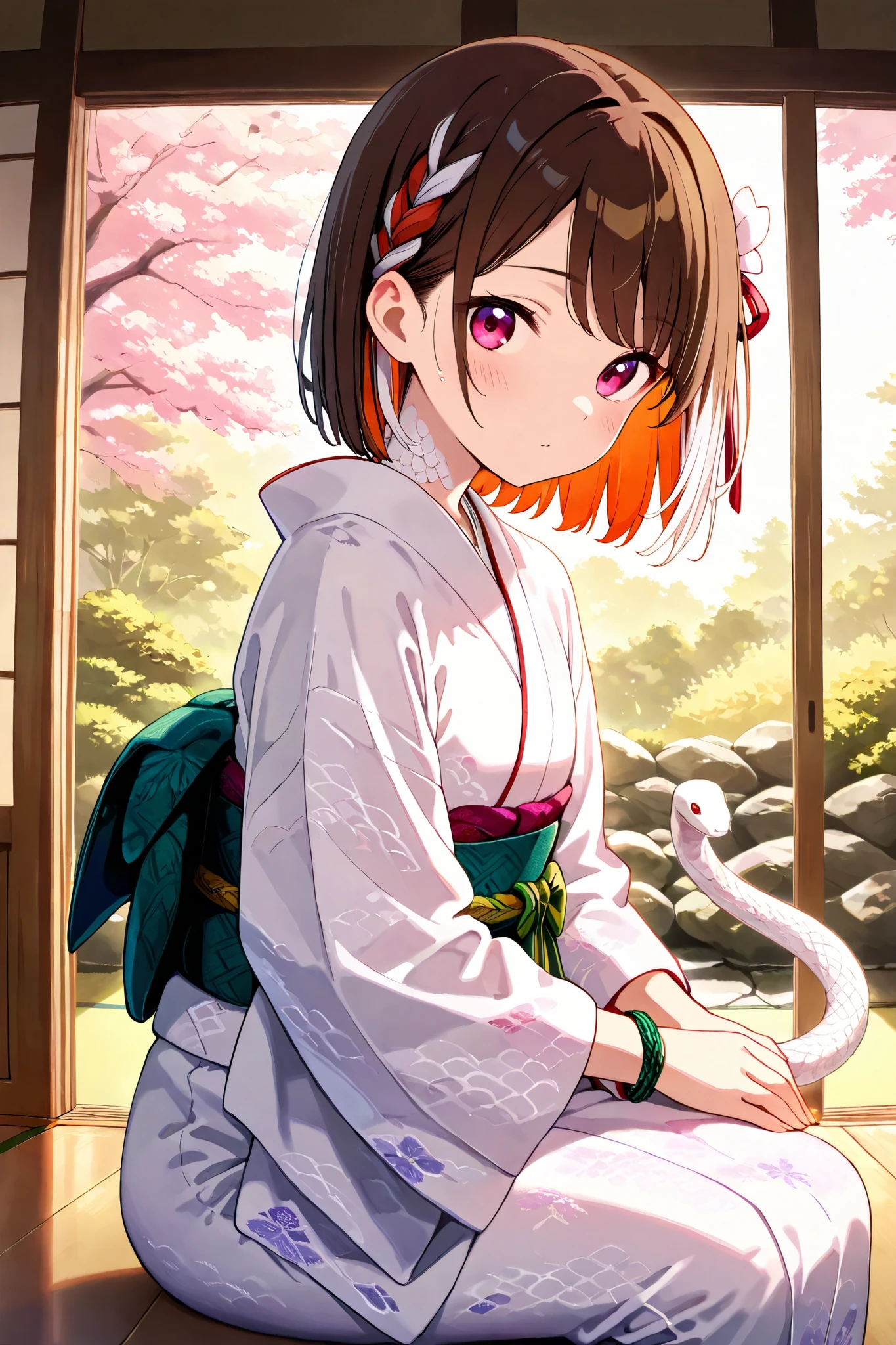 masterpiece:1.3, best quality, portrait of a Cute girl with ultra detailed features, in 8K resolution, with vibrant colors and a sharp focus, Sitting on the veranda in front of the Japanese garden, cowboy shot, from side, (high-key lighting, sunbeam, subtle shadows), Girl wearing white kimono, look at viewer, Brown hair:1.3, Red inner hair, White hair ribbon, shote hair:1.4, curtain bangs, swept bangs, side braid, Silk skin face, Transparent snake scales on the neck, Double eyelids, garnet eyes, White kimono, Green belt, Purple and white obi cord, A small white snake is wrapped around his arm, Accurate snake depiction plaited, cord bracelet, Brown hair:1.3, eyetexture