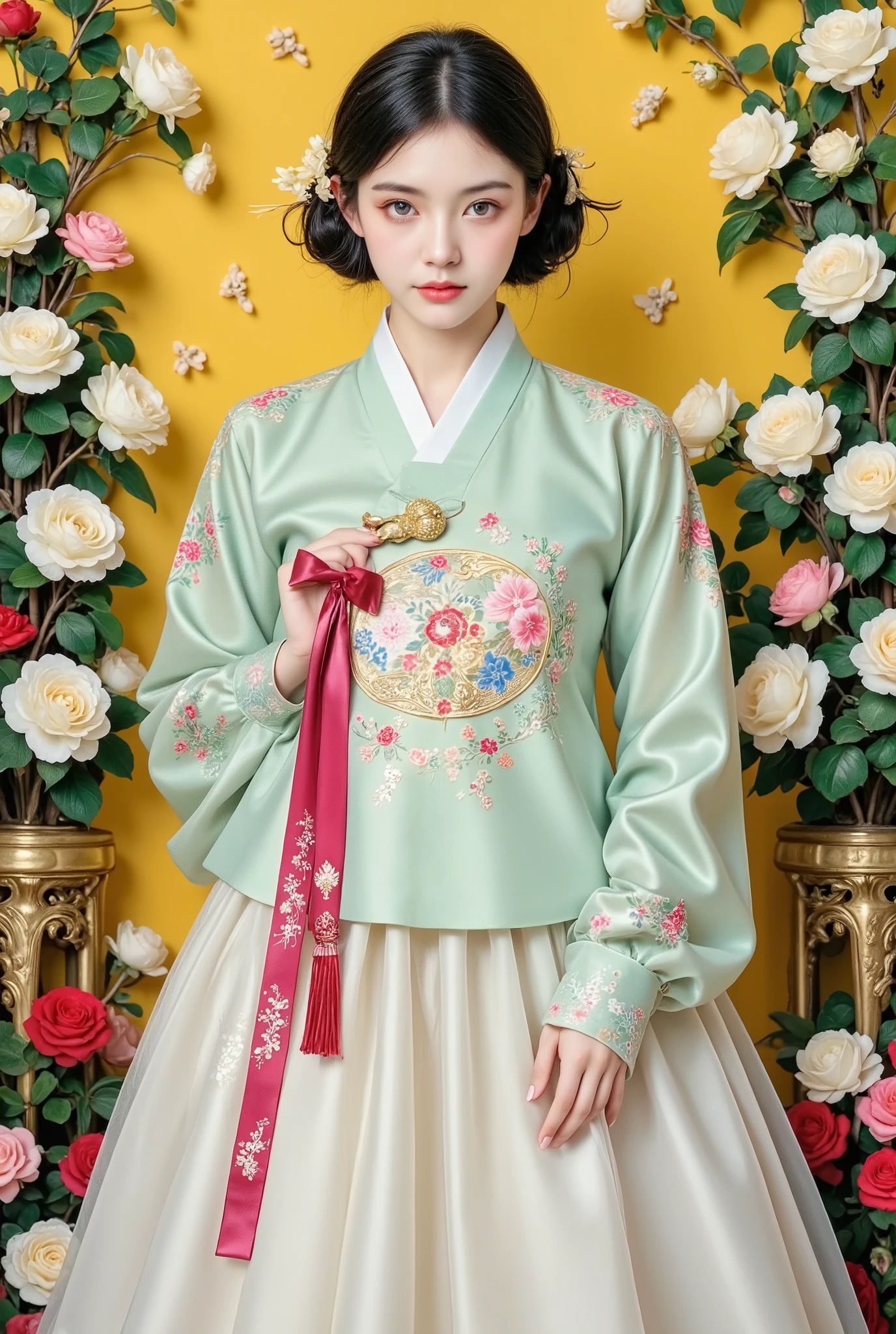 Cute girl, Joseon official uniform, Joseon princess, short hair, elegant pose, yellow background, feminine gothic aesthetic, close up details, detail shot, sharp details, artistic winter style, silkscreen art, close up photo, ultra fine ink details, silkscreen printing, highly detailed and wearing princess clothes, Korean horror art,