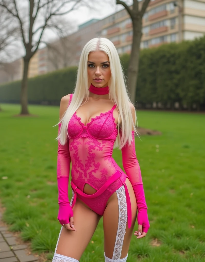 ((best qualtiy, 8k, tmasterpiece:1.3)), Focus:1.2, perfect figure beautiful woman:1.4, Cocked buttocks:1.2, ((long whitr hair)), (wetclothes:1.1) , (Rain, Street:1.3), Pink bandeau dress:1.1, Highly detailed facial and skin texture, A detailed eye, 二重まぶた，Cocked buttocks，Whiten skin，ssmile，2b