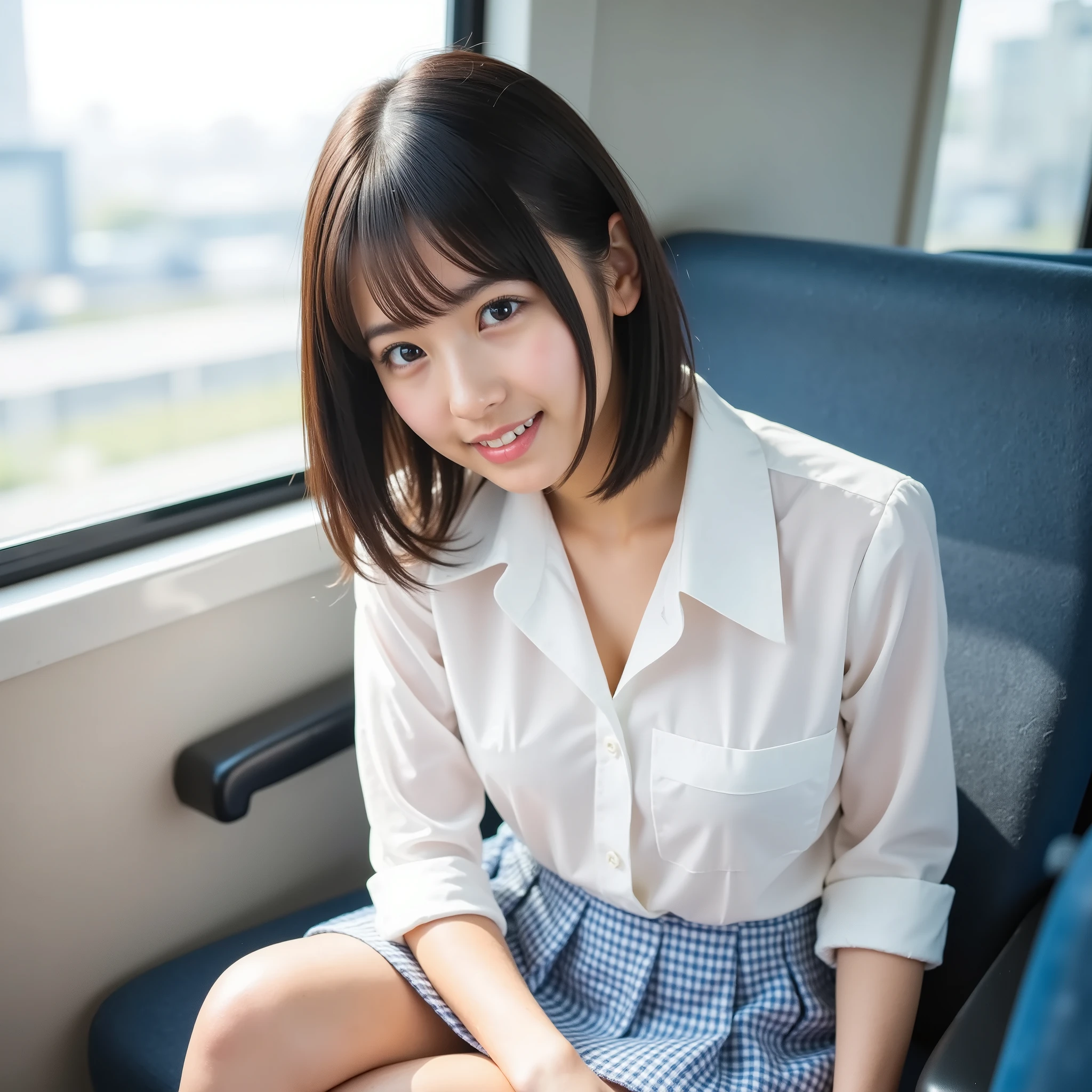 (High school girl on the bus:1.4, 20歳の日本のトップIdol,  cute face:1.5, Triangular face, sit in a bus seat, commute), View your viewers, (( embarrassing:1.3, Happy smile:1.1)),  has a smiling face,  open mouth ,  Silky Skin ,  natural cosmetics,  glossy lips,  group shot , (show :0.5), (same latex uniform:1.5, white latex shirt with open collar,  see-through, latex check pleated skirt:1.4), ( naked :0.2), ( 3 girls:1,  perfect style), (( slender body, Short, messy hair,  hair bow)), (show panties), ( RAW photos:1.4),(( thighs,  stockings,  spread your legs wide )), (Gentle lighting, 8k,  RAW photos, Idol), Becoming closer,   window with street view in the background 