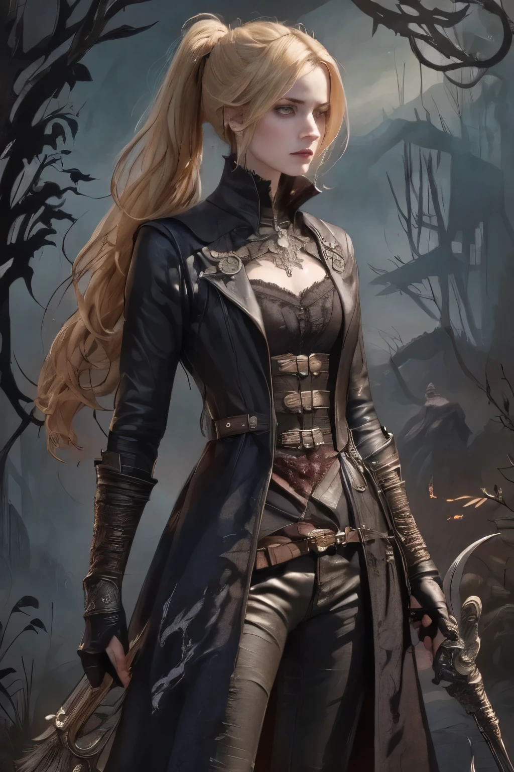 ((best quality)), ((masterpiece)), (detailed), (1girls), a female occultic knight, witch, knight, wielding a rapier-like sword in either hand, perfect face (((mastepiece, of the highest quality, super detailed))), photorealistic, Dark fantasy art, dark fantasy, ((gothic art)), ((Bloodborne inspired)), (Victorian era inspired), (Brotherhood Of The Wolf inspired), Lady Maria inspired, typical witches hat sharing design features of a hunter's cap, (leather trousers with buckles and belts), (occultic vibe), (cosmic horror vibe), (occultic military uniform), (military witch), ((intricate and beautiful cloth and leather clothing)), (regal and elegant, a person of great social importance), ((mature, foreboding atmosphere)), ((a sense of an ongoing apocalypse)), ((end times aesthetic)), ((biblically evocative)), ((dark and gloomy)), ((((Highly detailed face)))), small thin nose, Small thin lips mouth, (((Very sharp focused eyes))), ((perfect symmetrical beautiful eyes)). looking here, (resolved expression), (resolute expression), (sad face), beautiful (((very small breasts))), (((little boobs))), (((tiny breasts))), (((flat chest:0.1))), (((very tiny boobs))), (((very flat chested))), ((blonde)) hair, ((long ponytail, thick ponytail, heavy ponytail)), very long eyelashes, soft lighting