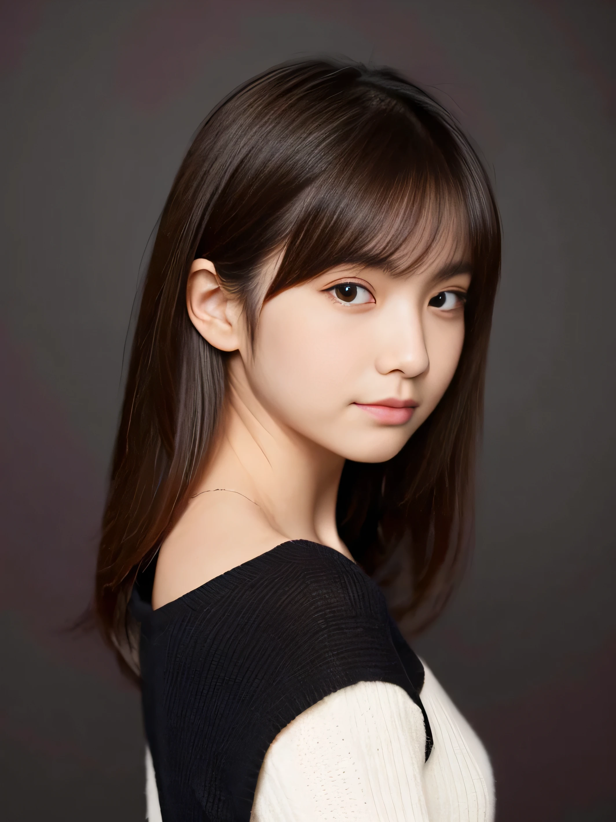 Need a polished, super high quality upper body portrait of a cute Japanese idol girl wearing a dark red v-neck sweater. Her hair is very short and she is a little shy. The background is white only, giving the image a sophisticated and elegant look.