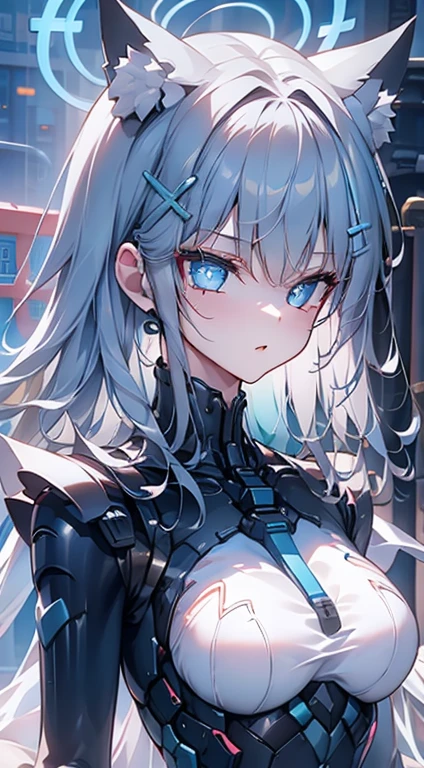 (((Highest quality、first class、masterpiece、Normal body、8k、Detailed face、Ultra-precision、normal hand、Normal refer to、5refer to、Highest)))、Eternal Frail、Silver Hair、Long Hair、???、clear、pure、A blue suit that reveals a cleavage、Navy blue shorts、"SD Gundam G Generation"、Shot down、Defeated、Captured、Taken prisoner、Handcuffed、Detained、Chained by a collar、lock restraint、Jail、prison、Frightened、fear、blush、Interrogation、torture