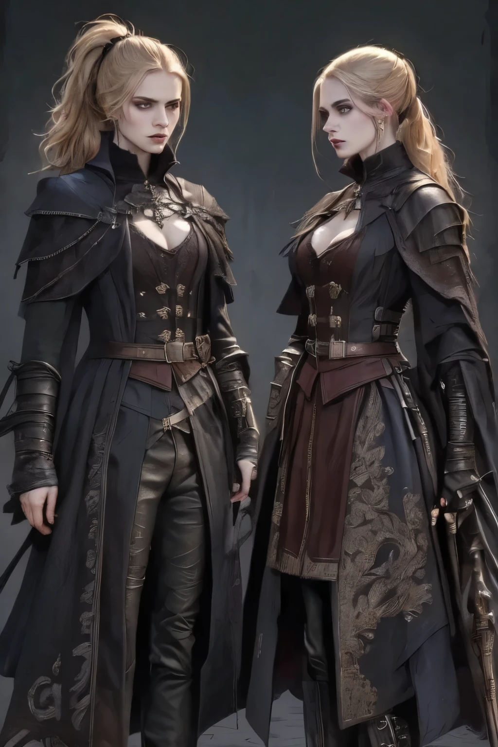 ((best quality)), ((masterpiece)), (detailed), (1girls), a female occultic knight, witch, knight, wielding a rapier-like sword, perfect face (((mastepiece, of the highest quality, super detailed))), photorealistic, Dark fantasy art, dark fantasy, ((gothic art)), ((Bloodborne inspired)), (Victorian era inspired), (Brotherhood Of The Wolf inspired), Lady Maria inspired, typical witches hat sharing design features of a hunter's cap, (leather trousers with buckles and belts), (occultic vibe), (cosmic horror vibe), (occultic military uniform), (military witch), ((intricate and beautiful cloth and leather clothing)), (regal and elegant, a person of great social importance), ((mature, foreboding atmosphere)), ((dark and gloomy)), ((((Highly detailed face)))), small thin nose, Small thin lips mouth, (((Very sharp focused eyes))), ((perfect symmetrical beautiful eyes)). looking here, (resolved expression), (resolute expression), (sad face), beautiful (((very small breasts))), (((little boobs))), (((tiny breasts))), (((flat chest:0.1))), (((very tiny boobs))), (((very flat chested))), ((blonde)) hair, ((long ponytail, thick ponytail, heavy ponytail)), very long eyelashes, soft lighting
