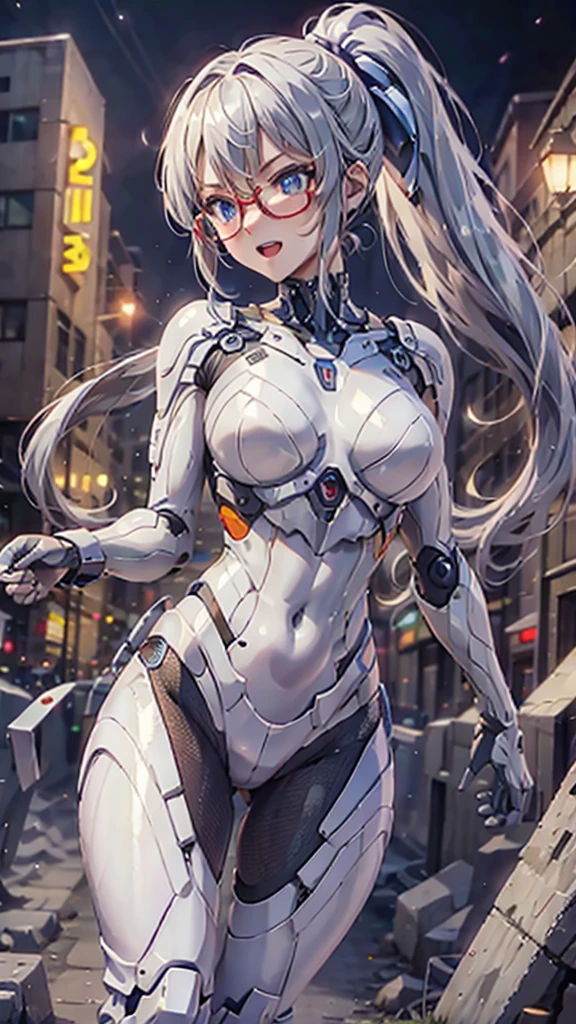 woman,14 years old,,city,night,(((white and blue tight miniskirt bodysuit))),,open mouth smile((See-through))Glasses,((Beautiful long ponytail)),((baby girl body shape))