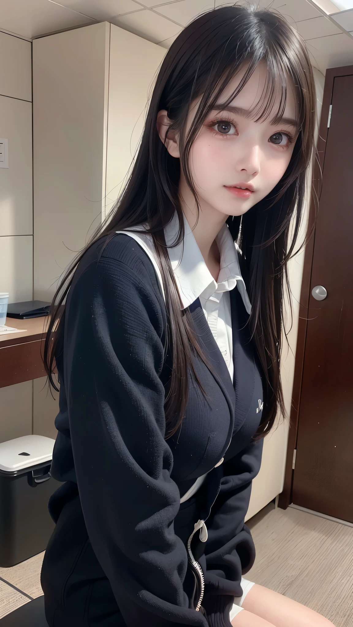 masterpiece, best quality, illustration, Super detailed, fine details, High resolution, 8K,wall paper, perfect dynamic composition,(Details High quality, realistic depiction of eyes:1.3), Upper body, front view, locker room、Leaning against a locker, Raise your arms above your head., High school girl uniform、blazer 、Colossal tits、Disturbed uniform, straight hair, black hair color, Big Natural Color Lip, crying a little、Harajuku style、20 year old girl, little smile