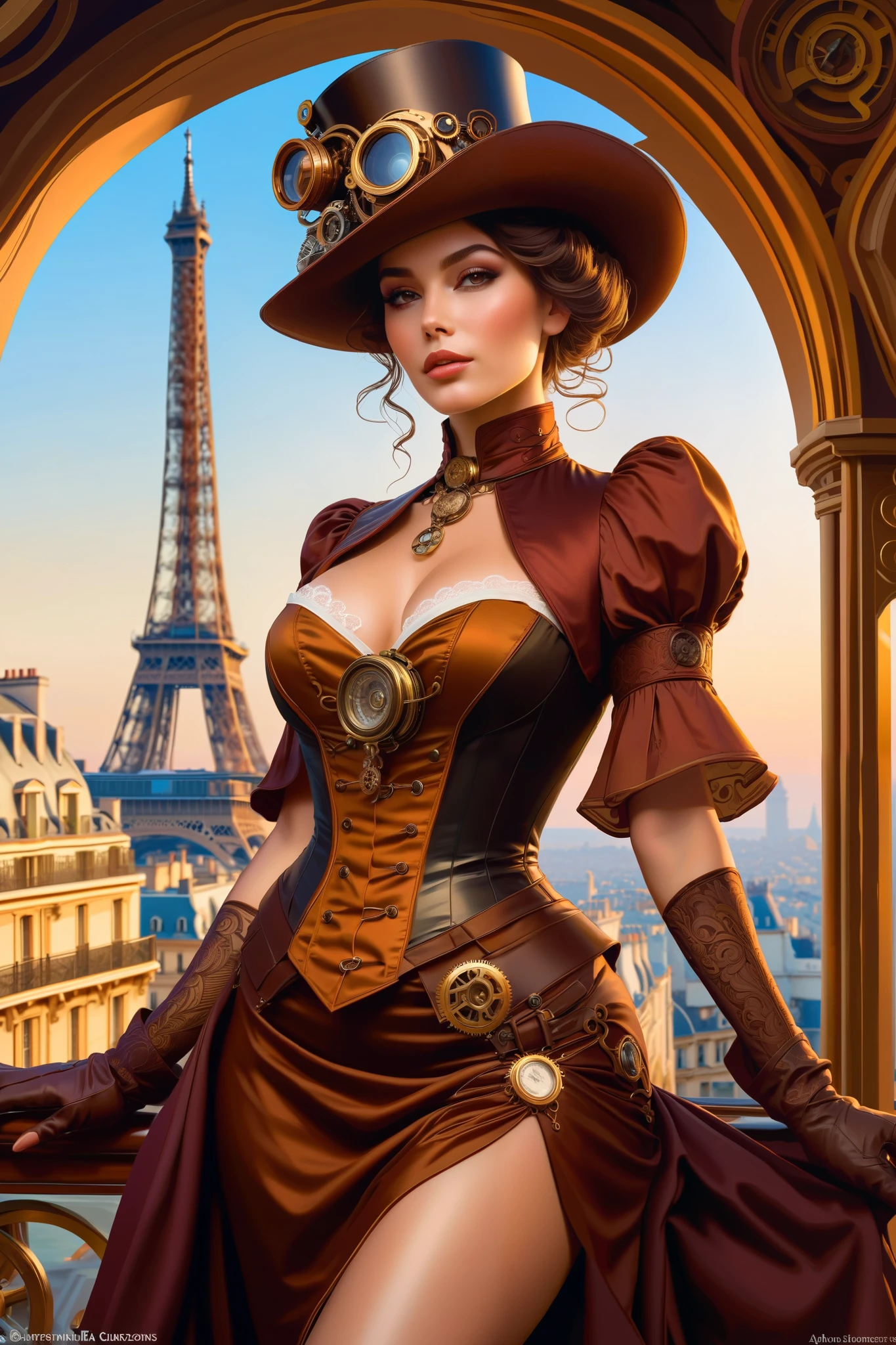 (masterpiece), (best quality), high resolution, ultra detail, photorealistic, 8K, intricate face, detailed body, detailed face, Woman in steampunk costume, wearing steampunk attire, steampunk fantasy style, Set in a steampunk world, Vivid steampunk concept, (Tokyo Tower:1.2), steam, fog,