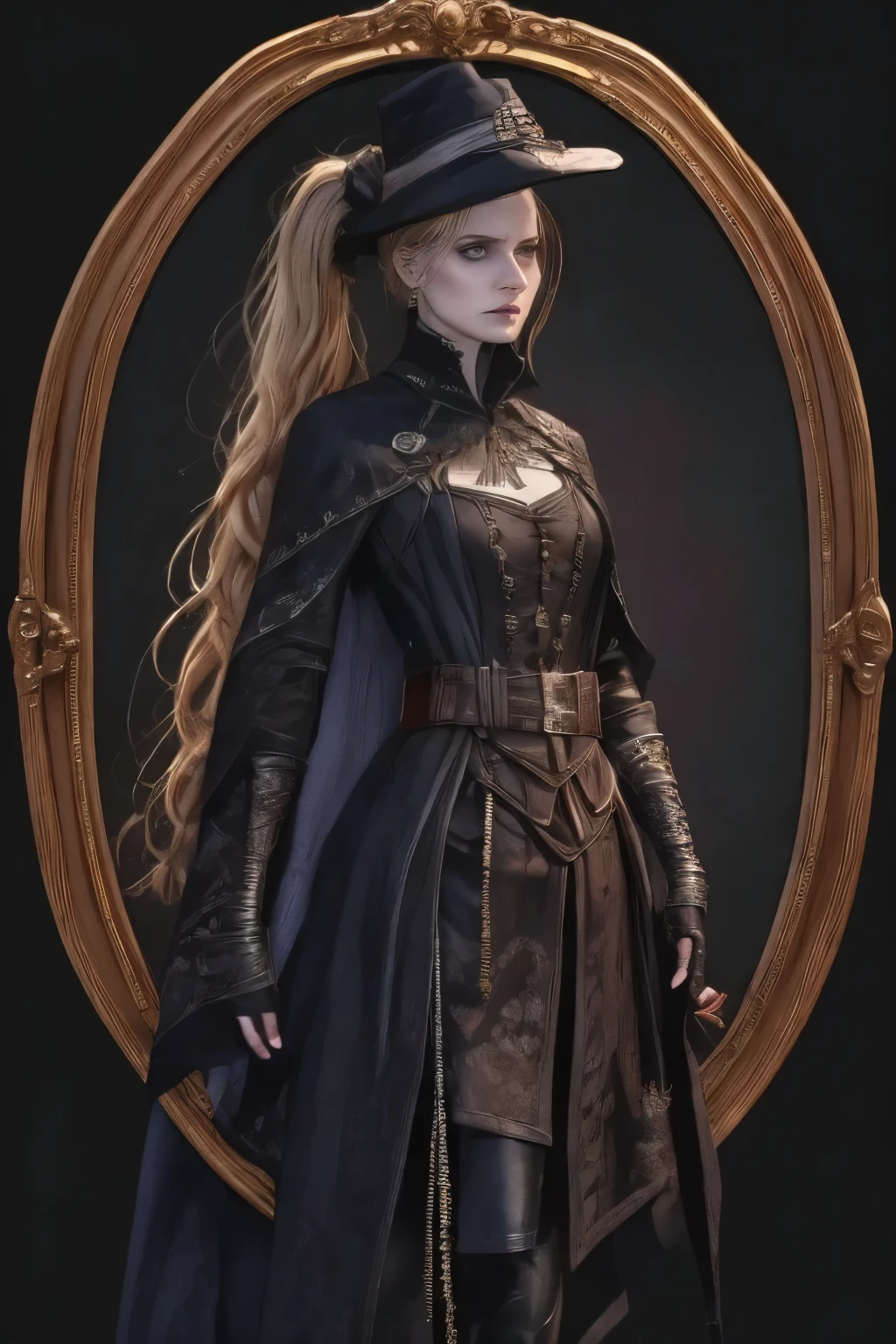 ((best quality)), ((masterpiece)), (detailed), (1girls), a female occultic knight, witch, knight, wielding a rapier-like sword, perfect face (((mastepiece, of the highest quality, super detailed))), photorealistic, Dark fantasy art, dark fantasy, ((gothic art)), ((Bloodborne inspired)), (Victorian era inspired), (Brotherhood Of The Wolf inspired), Lady Maria inspired, typical witches hat sharing design features of a hunter's cap, (leather trousers with buckles and belts), (occultic vibe), (cosmic horror vibe), (occultic military uniform), (military witch), ((intricate and beautiful cloth and leather clothing)), (regal and elegant, a person of great social importance), ((mature, foreboding atmosphere)), ((dark and gloomy)), ((((Highly detailed face)))), small thin nose, Small thin lips mouth, (((Very sharp focused eyes))), ((perfect symmetrical beautiful eyes)). looking here, (resolved expression), (resolute expression), (sad face), beautiful (((very small breasts))), (((little boobs))), (((tiny breasts))), (((flat chest:0.1))), (((very tiny boobs))), (((very flat chested))), ((blonde)) hair, ((long ponytail, thick ponytail, heavy ponytail)), very long eyelashes, soft lighting