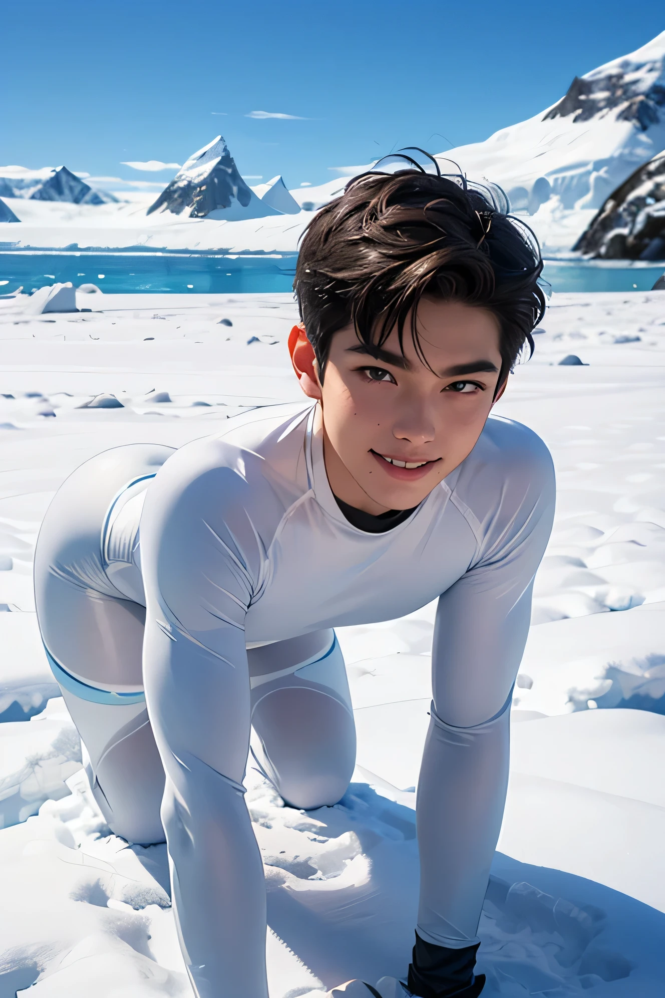 Japanese handsome short dark hair short cropped male Slim figure smile Mega Bulge Sheer Bright White Compression Suit Backwards muscular ass Tiny Tight Butt Show off pose In the snow The background is Antarctica In the snow The background is Antarctica Just snow Get on all fours and butt up lower body nude and brief Japanese handsome short dark hair short cropped