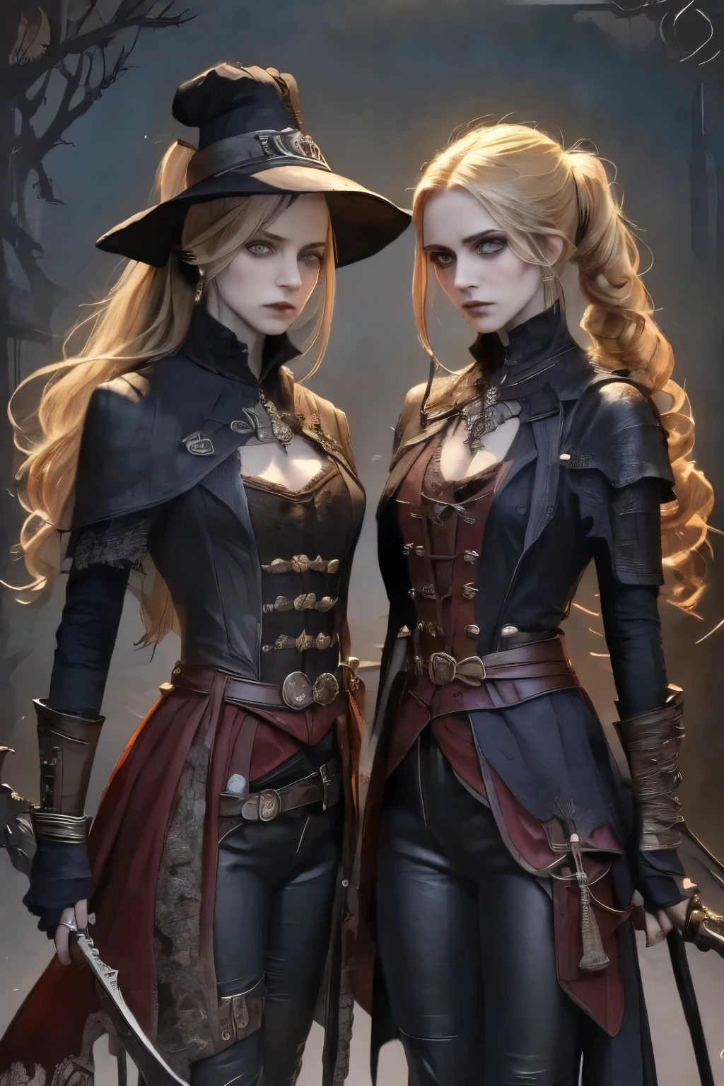 ((best quality)), ((masterpiece)), (detailed), (1girls), a female occultic knight, witch, knight, wielding a rapier-like sword, perfect face (((mastepiece, of the highest quality, super detailed))), photorealistic, Dark fantasy art, dark fantasy, ((gothic art)), ((Bloodborne inspired)), (Victorian era inspired), (Brotherhood Of The Wolf inspired), Lady Maria inspired, typical witches hat sharing design features of a hunter's cap, (leather trousers with buckles and belts), (occultic vibe), (cosmic horror vibe), (occultic military uniform), (military witch), ((intricate and beautiful cloth and leather clothing)), (regal and elegant, a person of great social importance), ((mature, foreboding atmosphere)), ((dark and gloomy)), ((((Highly detailed face)))), small thin nose, Small thin lips mouth, (((Very sharp focused eyes))), ((perfect symmetrical beautiful eyes)). looking here, (resolved expression), (resolute expression), (sad face), beautiful (((very small breasts))), (((little boobs))), (((tiny breasts))), (((flat chest:0.1))), (((very tiny boobs))), (((very flat chested))), ((blonde)) hair, ((long ponytail, thick ponytail, heavy ponytail)), very long eyelashes, soft lighting