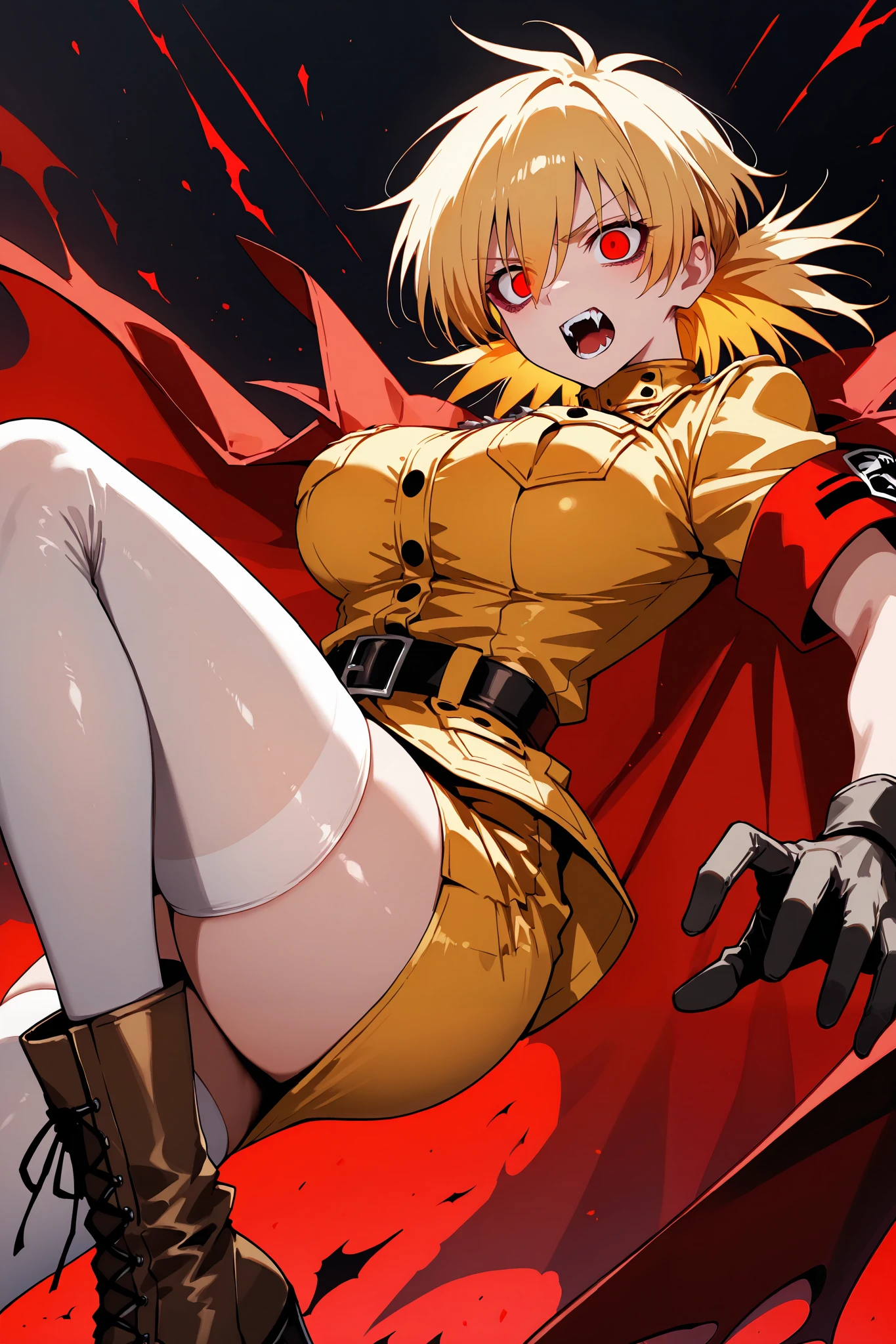 1girl, (solo), short curly hair, golden hair, small breasts, light blue eyes, small size, fair skin, perverted face, red cheeks, fangs, (naked), full body, (covered in blood:1.2), standing, (night), blood moon, medieval town, town behind (very sexy body, detailed face, masterpiece, highly detailed, 8k, best quality, vibrant colors, digital art, concept art)
