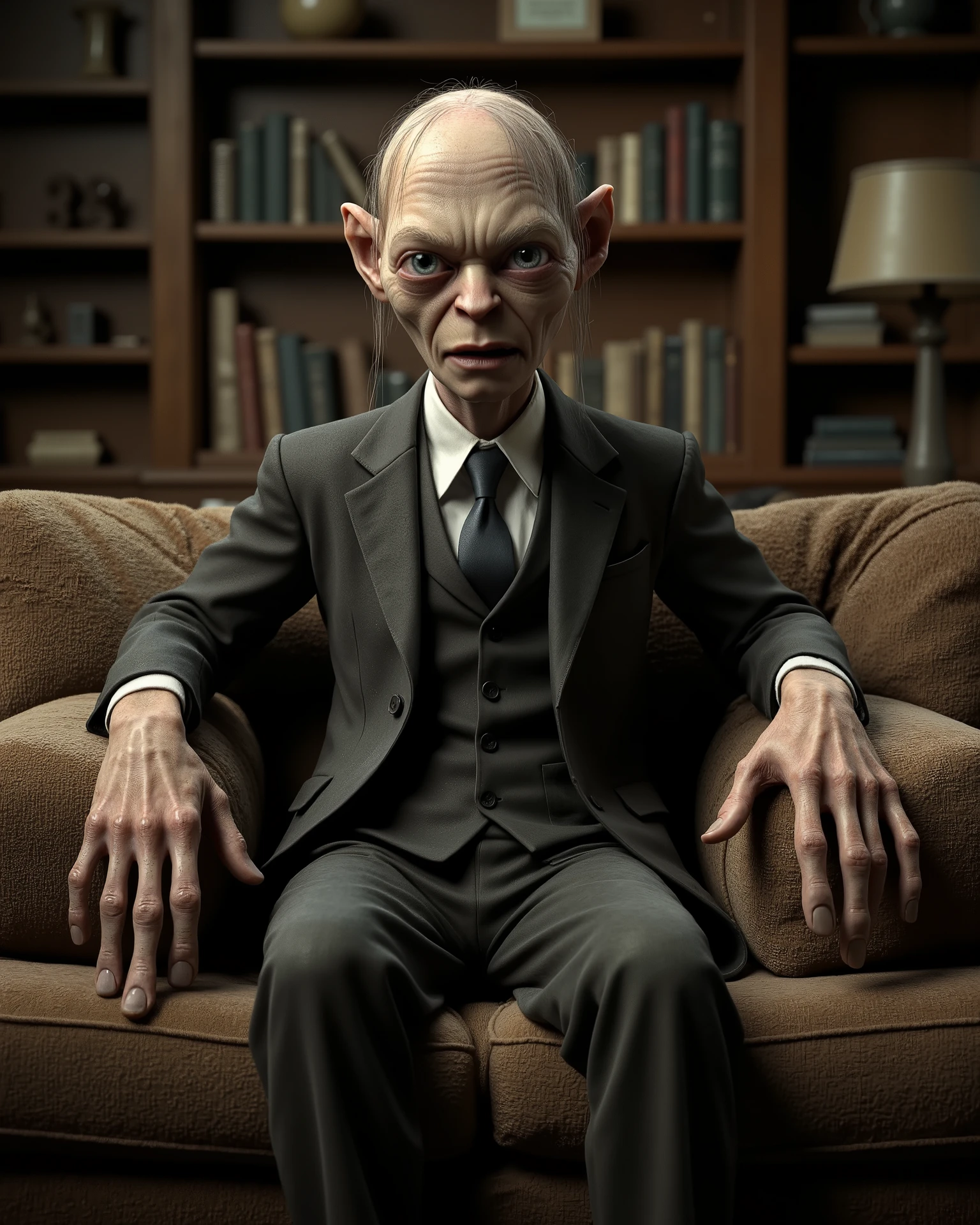 Gollum is sitting in a very comfortable pose on the couch wearing a suit.