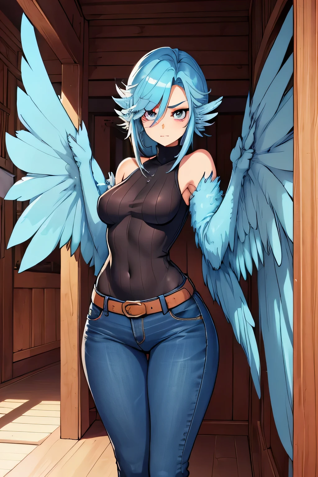 Ultra-high-definition, super-detailed full-HD, ultra detail, high detailed digital anime art, fine details. anime,8k, masterpiece, hi-resolution, best quality, hi-res, Top Quality, High Quality, High Resolution, woman, harpy, blue hair, cropped hair, silver eyes , facing viewer, cowboy shot, harpy, harpy girl, wings for arms, bird tail, small breasts, big hips, slender waist, thick thighs, big butt, red sweater, skinny jeans, standing in front of modern house, tail feathers