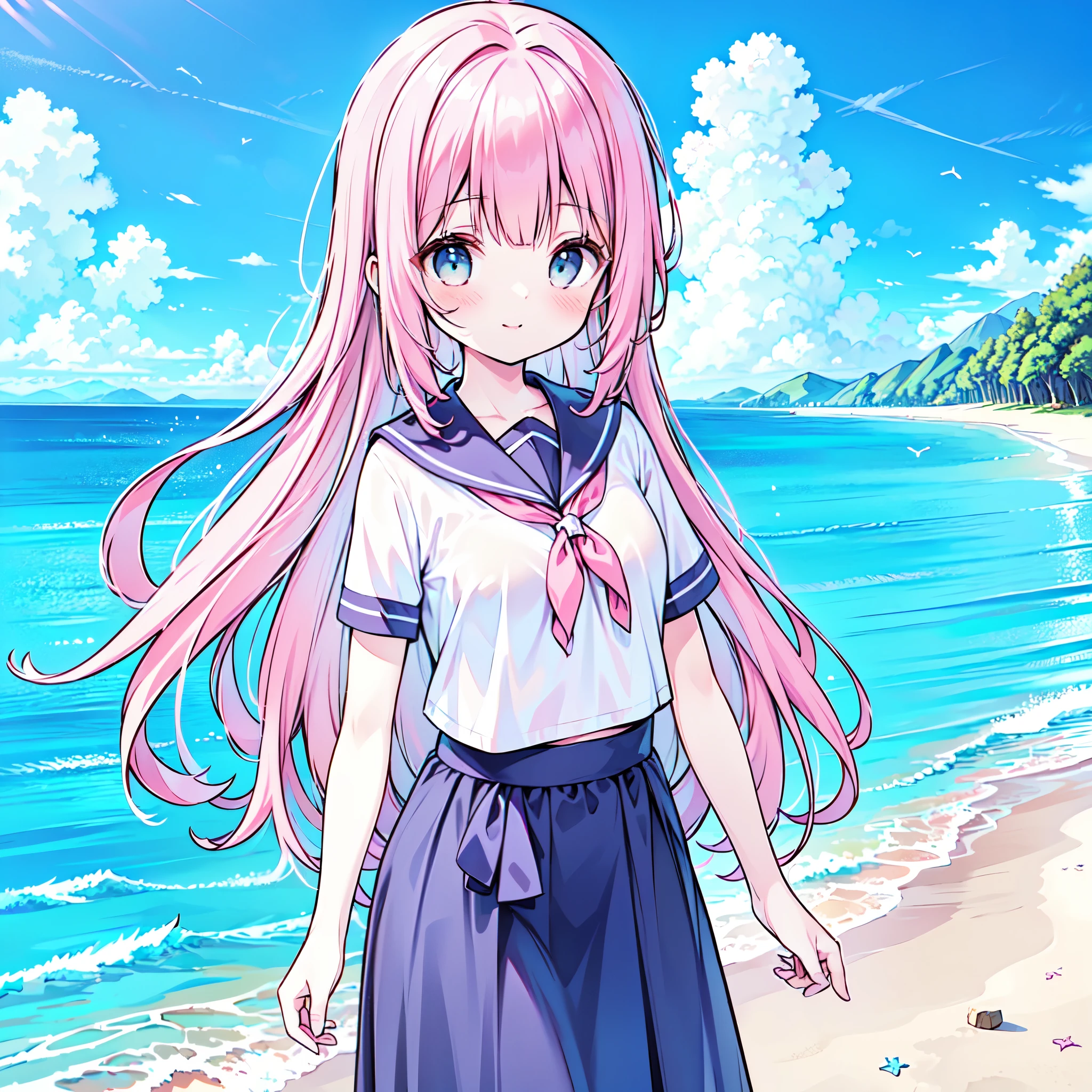 ((( more details, very detailed CG, masterpiece, High Quality , 4K, high resolution, sharp concentration, Take a commemorative photo on a sandy beach with the calm and beautiful sea in the background, anime style illustrations, pink hair))),(Alone:2), cute, Smiling Brightly , light blue eyes,(A girl is standing on the beach:1.4), navy blue sailor suit,(Short sleeve:2),( dark blue skirts ),( slightly bulging breasts:1.2), Clear Skin, Fluttering Skirt , barefoot,((long hair)),Neat hair,Gentle Breeze, White Clouds ,blue sky, watching viewers, shy,