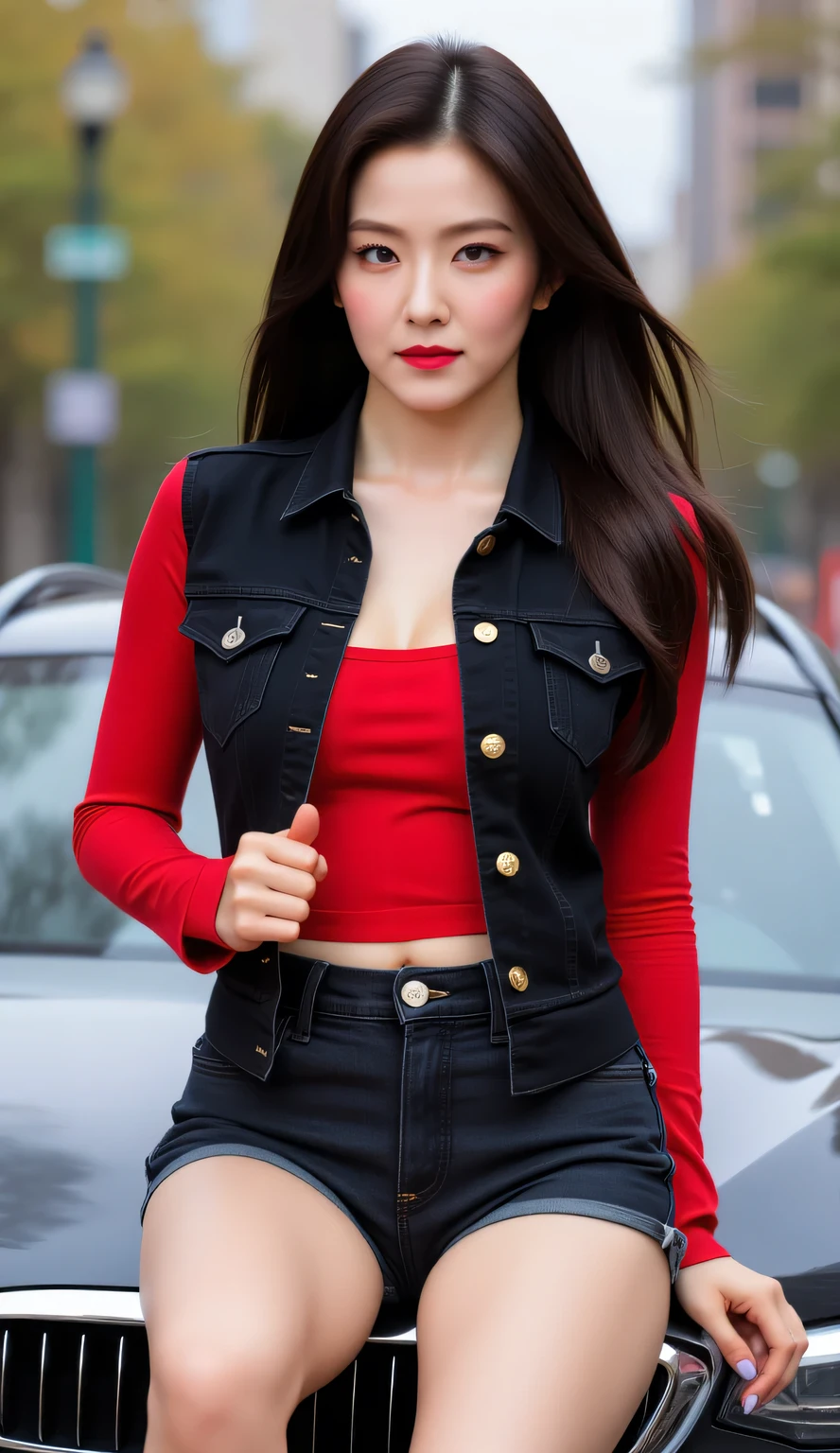 a 25 year old office woman,  sitting on top of car, Facing front, using a black denim vest with a long sleeve t-shirt turtle neck model in red, using black denim shorts,  red lips,  big boobs,  very slim waist 