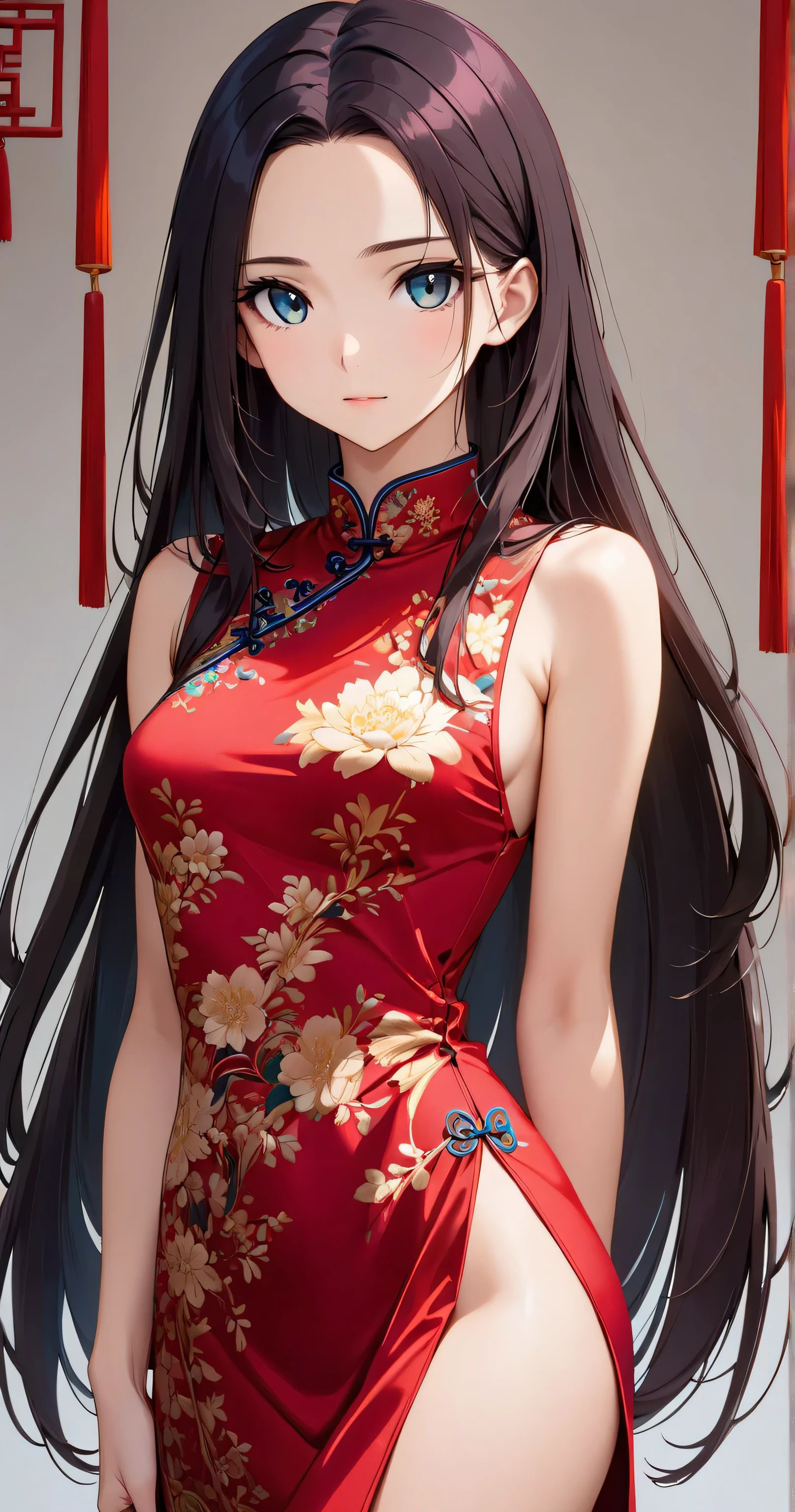 This portrait is drawn in a with full body and front view. 
She is beautiful.
She has a well-balanced body with 8 heads. 
(tall, mature slim body:1.3), (black long straight hair:1.3), forehead, shiny hair, clear skin, beautiful detailed eyes, 
no sleeve, (vibrant crimson china dress:1.3), modest neckline, elegant style, simple traditional design, indoors, (plain background), standing, Natural posing, face shot, looking at viewer, front view, masterpiece, best quality, ultra-detailed, 8k resolution, Best Illumination, 
sharp focus, crisp details, vibrant colors, 
1girl, perfect anatomy,
cool eyes, arched back, Contrapposto,
