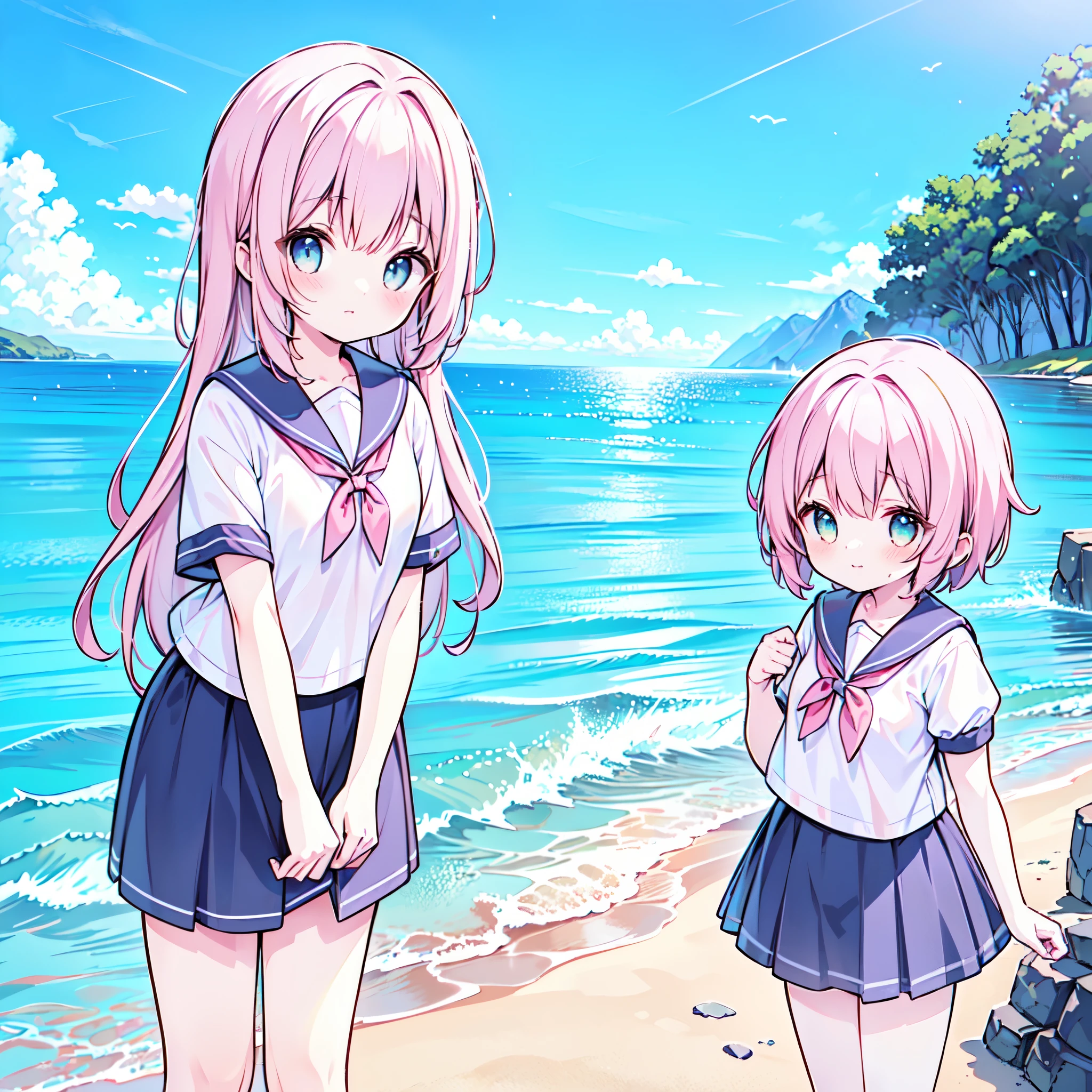 ((( more details, Highly detailed CG, masterpiece,  High Quality , 4K,  high resolution, sharp concentration on that detail, Take a commemorative photo on a sandy beach with the calm and beautiful sea in the background, anime style illustration near the sparkling ocean , pink hair))),(Alone:2), cute, Smiling Brightly , light blue eyes,(A girl is standing on the beach:1.4), navy blue sailor suit,(Short sleeve:2),( dark blue skirts ),( slightly bulging breasts:1.2), Clear Skin, Fluttering Skirt , barefoot,((long hair)),Neat hair,Gentle Breeze, White Clouds ,blue sky, watching viewers with the harbor at night in the background , I'm ashamed,