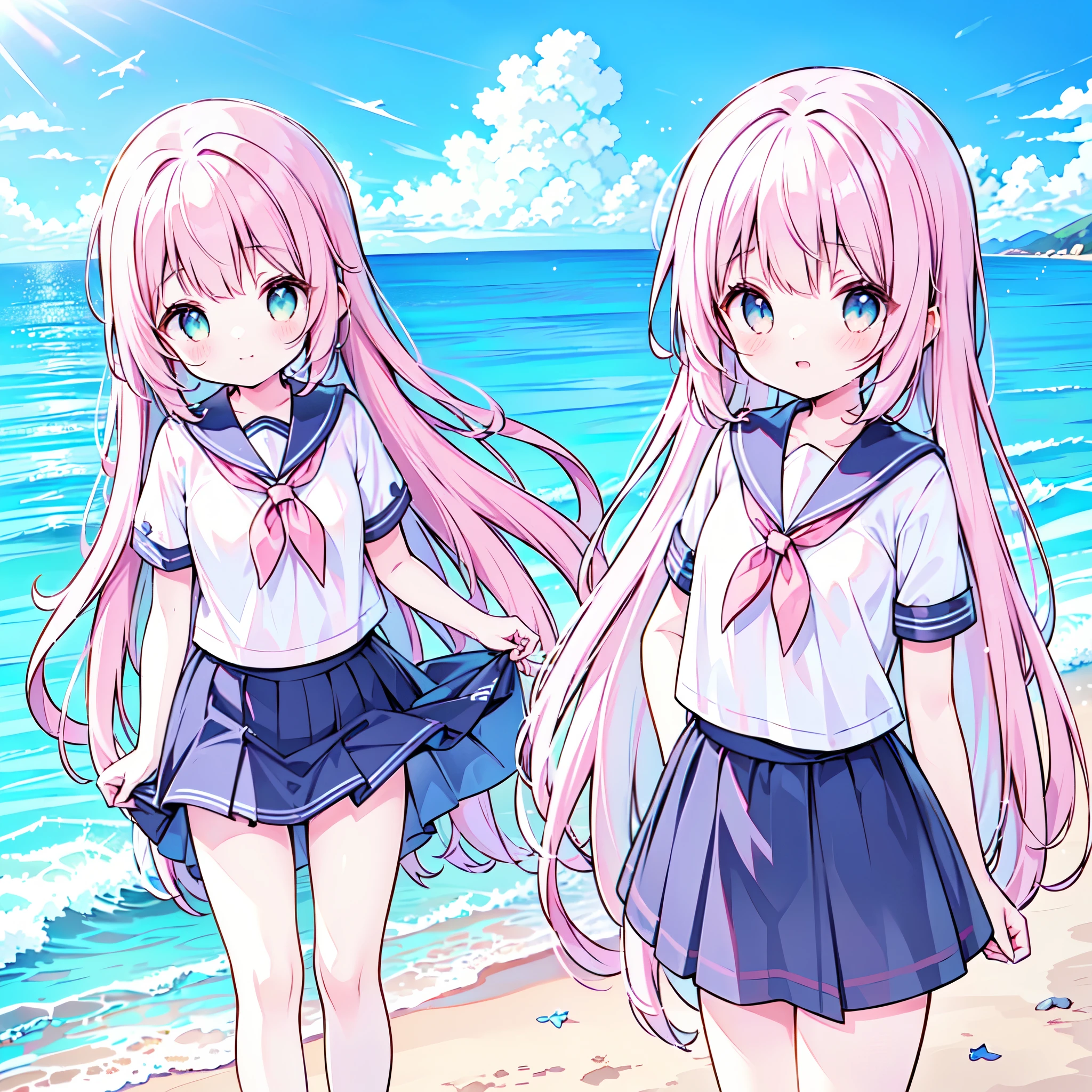 ((( more details, Highly detailed CG, masterpiece, High Quality , 4K, high resolution, sharp concentration on that detail, Take a commemorative photo on a sandy beach with the calm and beautiful sea in the background, anime style illustration near the sparkling ocean , pink hair))),(Alone:2), cute, Smiling Brightly , light blue eyes,(A girl is standing on the beach:1.4), navy blue sailor suit,(Short sleeve:2),( dark blue skirts ),( slightly bulging breasts:1.2), Clear Skin, Fluttering Skirt , barefoot,((long hair)),Neat hair,Gentle Breeze, White Clouds ,blue sky, watching viewers with the harbor at night in the background , I'm ashamed,
