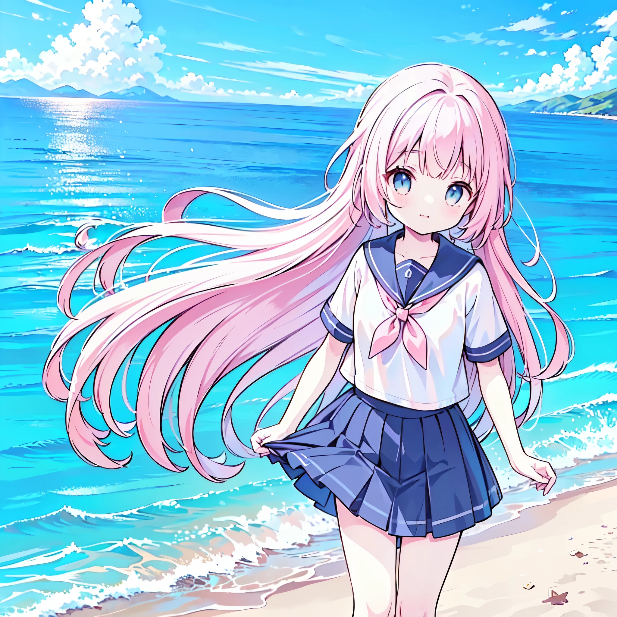 ((( more details, Highly detailed CG, masterpiece, High Quality , 4K, high resolution, sharp concentration on that detail, Take a commemorative photo on a sandy beach with the calm and beautiful sea in the background, anime style illustration near the sparkling ocean , pink hair))),(Alone:2), cute, Smiling Brightly , light blue eyes,(A girl is standing on the beach:1.4), navy blue sailor suit,(Short sleeve:2),( dark blue skirts ),( slightly bulging breasts:1.2), Clear Skin, Fluttering Skirt , barefoot,((long hair)),Neat hair,Gentle Breeze, White Clouds ,blue sky, watching viewers with the harbor at night in the background , is shy,