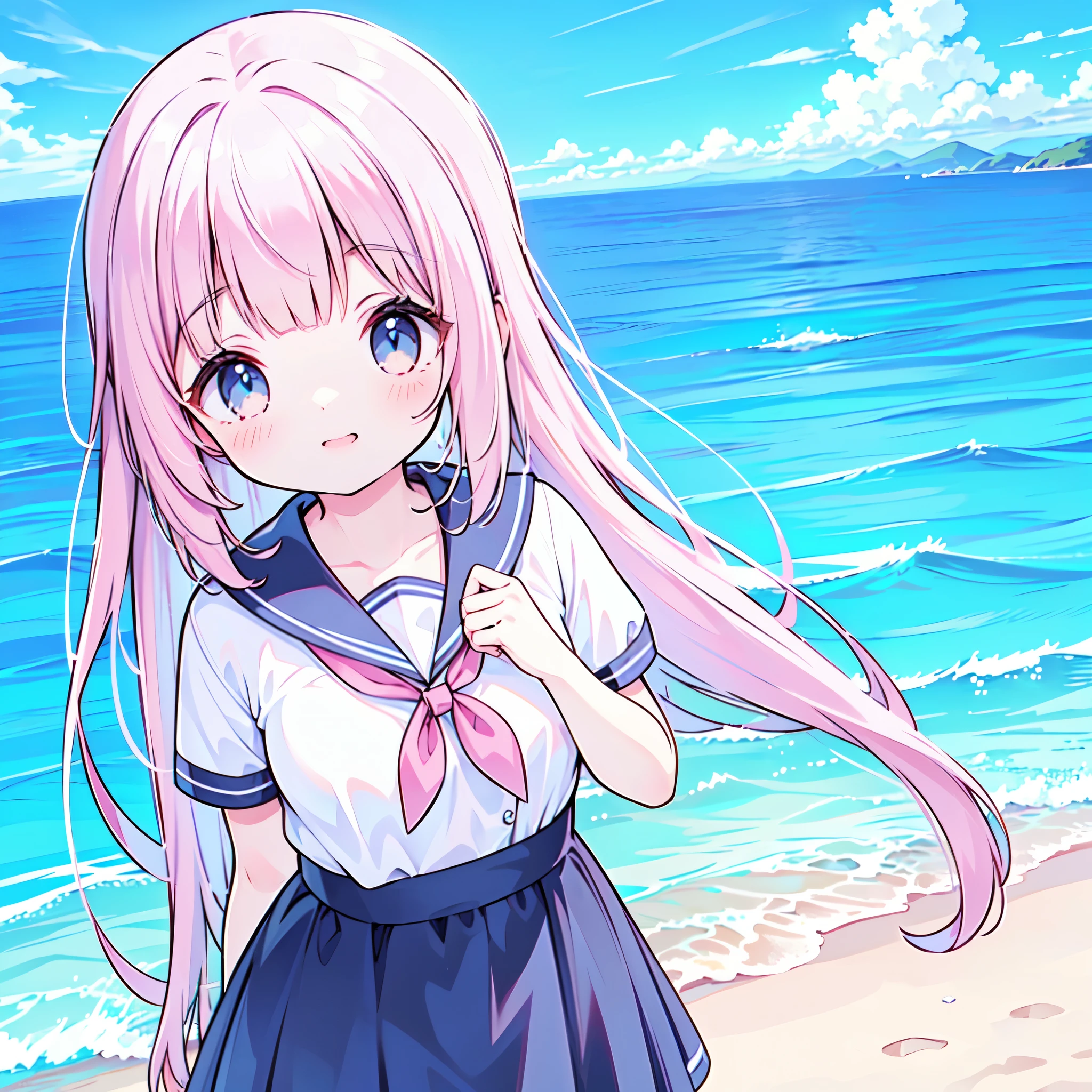 ((( more details, Highly detailed CG, masterpiece, High Quality , 4K, high resolution, sharp concentration on that detail, Take a commemorative photo on a sandy beach with the calm and beautiful sea in the background, anime style illustration near the sparkling ocean , pink hair))),(Alone:2), cute, Smiling Brightly , light blue eyes,(A girl is standing on the beach:1.4), navy blue sailor suit,(Short sleeve:2),( dark blue skirts ),( slightly bulging breasts:1.2), Clear Skin, Fluttering Skirt , barefoot,((long hair)),Neat hair,Gentle Breeze, White Clouds ,blue sky, watching viewers with the harbor at night in the background , is shy,