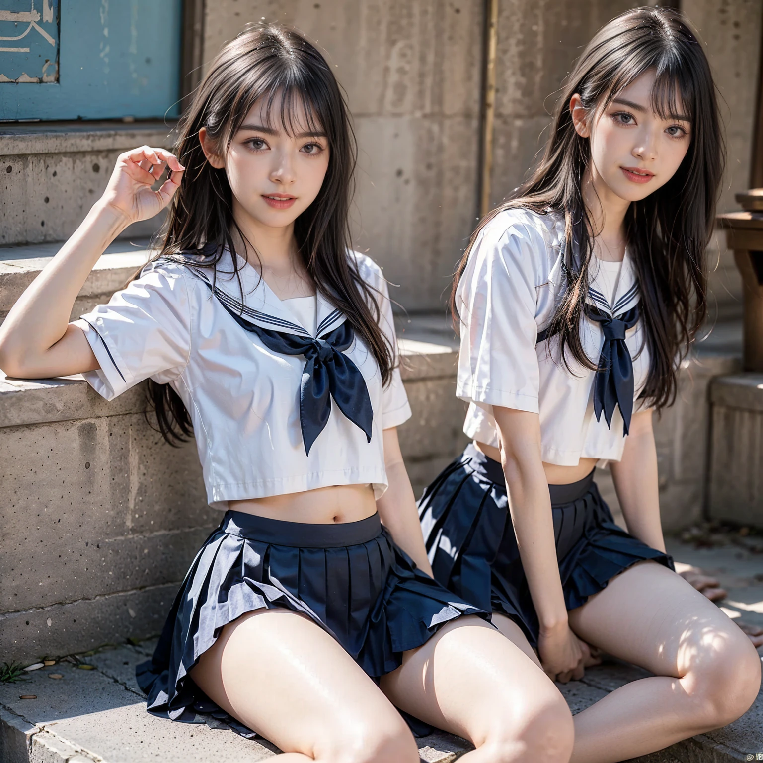 (Three asian woman from the same school in short uniform with perfect detail sitting on a bench:1.5)、25 years old woman, JK 、(Black Haired Gal:1.5)、((spread legs)) Famous in Japan in short uniform、(Pleated miniskirt with perfect detail、Wearing a short sailor suit with perfect detail:1.4),(Thin and clear double lines for the eyes), (Glossy tear bags under the eyes), (Clear pupils on pale iris), (Expression of conjunctival color), (Eyelashes that are easy to see), (Super-large and taut sailor suit),,(looking happy smile、gals:1.5)、(up skirt、),shorth hair、length hair、A dark-haired、F(extremely details CG:1.2)、(16k wallpaper:1.2)、(​masterpiece:1.2)、(Incredibly beautiful face:1.5)、beatiful detailed eyes、 blue-sky、during daytime、Perfect litthing、++((、dynamic ungle、Open your legs very wide、The skirt is rolled up.、))++、((​masterpiece、top-quality:1.5))、(photographrealistic:1.4)、(Japanese Idol,Japanese actressl:1.5),(perfect anatomia、Correct anatomy、perfectly proportions、face perfect、Perfect hands、Perfect legs、Perfect fingers、 Perfect mouth、skinny thigh、impossibly thin waist、Beautiful navel、Incredibly huge breasts、Perfect lips,a small face:1.5)、(Voyeur style:1.2)、（Don't look at the camera:1.5),((f、Since a while ago:1.5))、 ((NSFW)) ((heavy makeup)) ((soft pubic hair)) downblouse